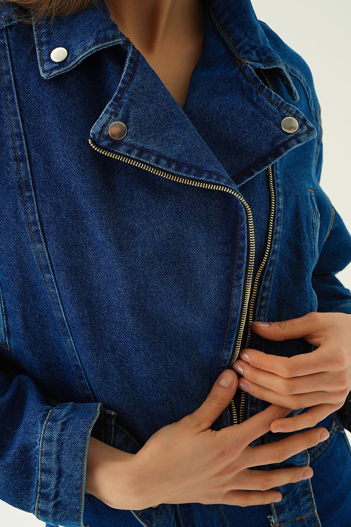 Koyu Mavi Fermuar Detay Kemerli Kot Ceket 9096 - 5