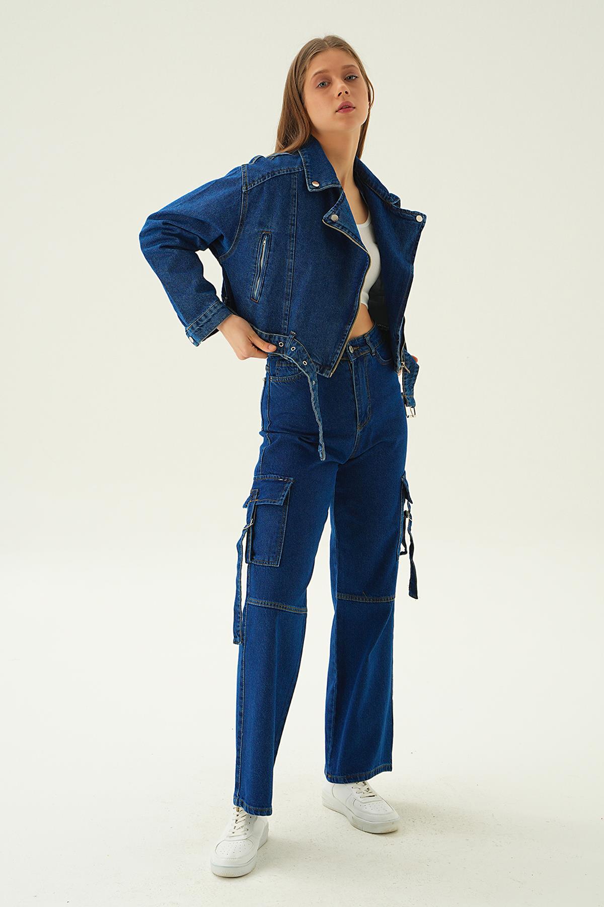 Koyu Mavi Fermuar Detay Kemerli Kot Ceket 9096 - 6