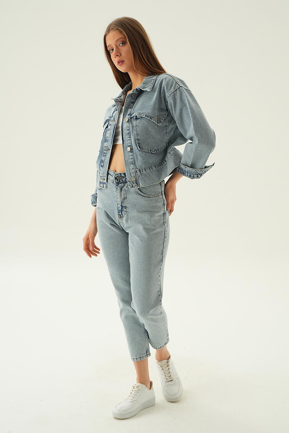 Kar Yıkama Cep Detay Kot Ceket 9099 - 2