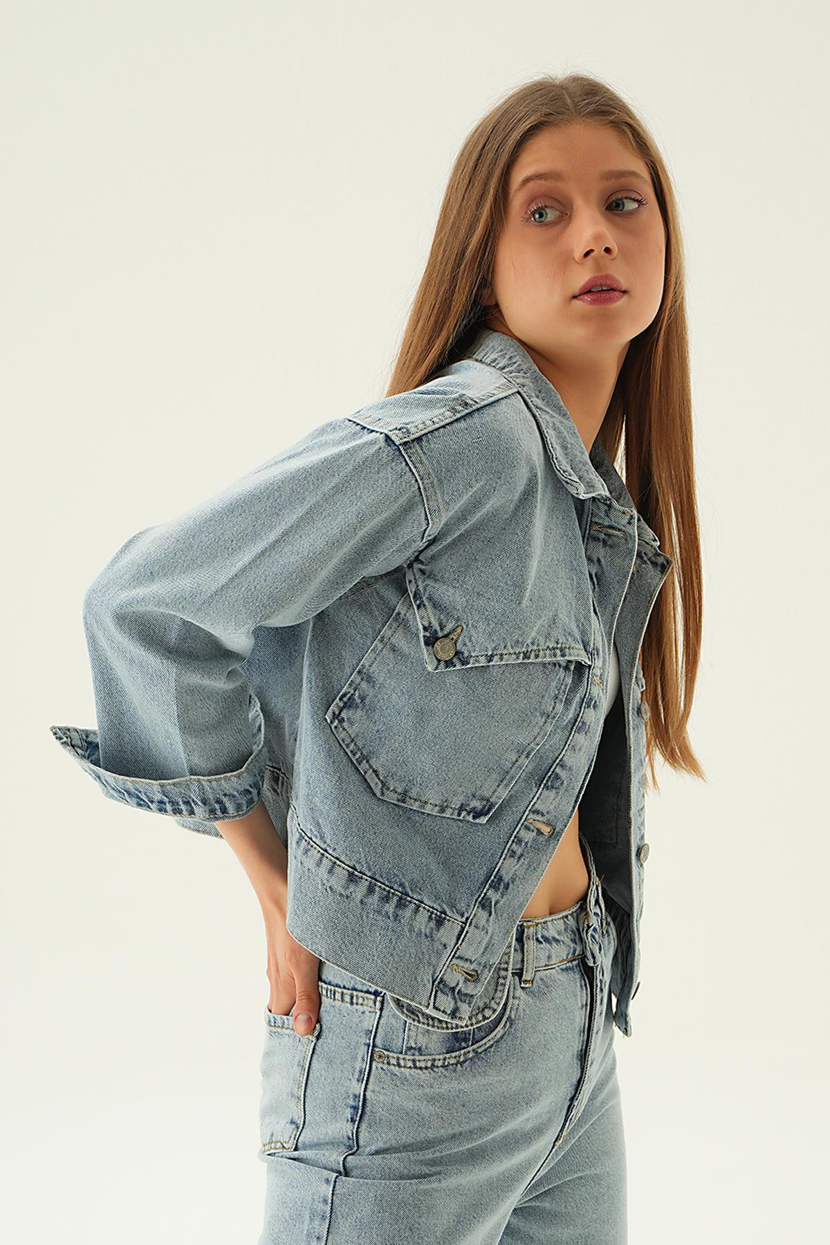 Kar Yıkama Cep Detay Kot Ceket 9099 - 3