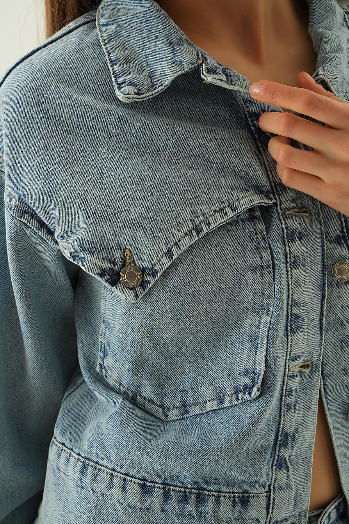 Kar Yıkama Cep Detay Kot Ceket 9099 - 6