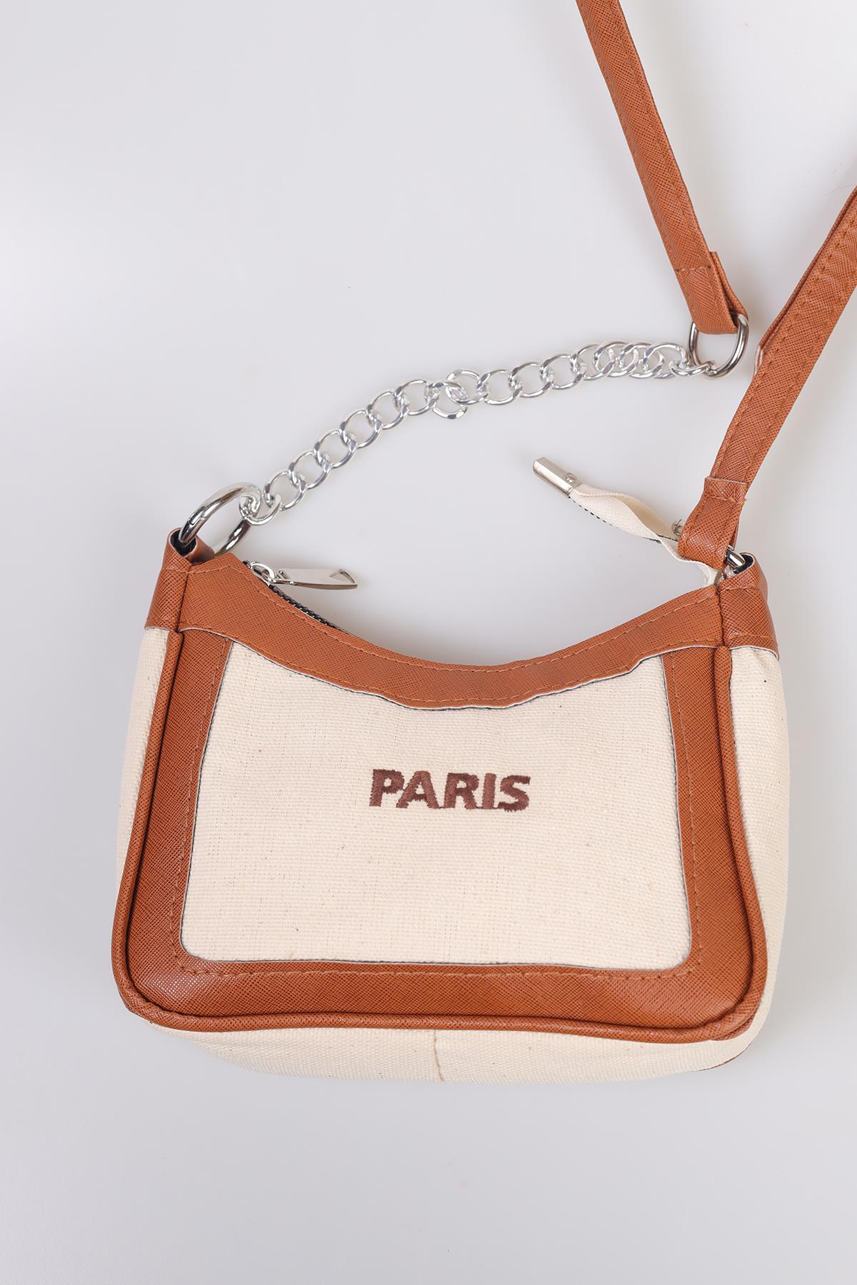 9102 Paris Baskılı Çanta Krem - 2