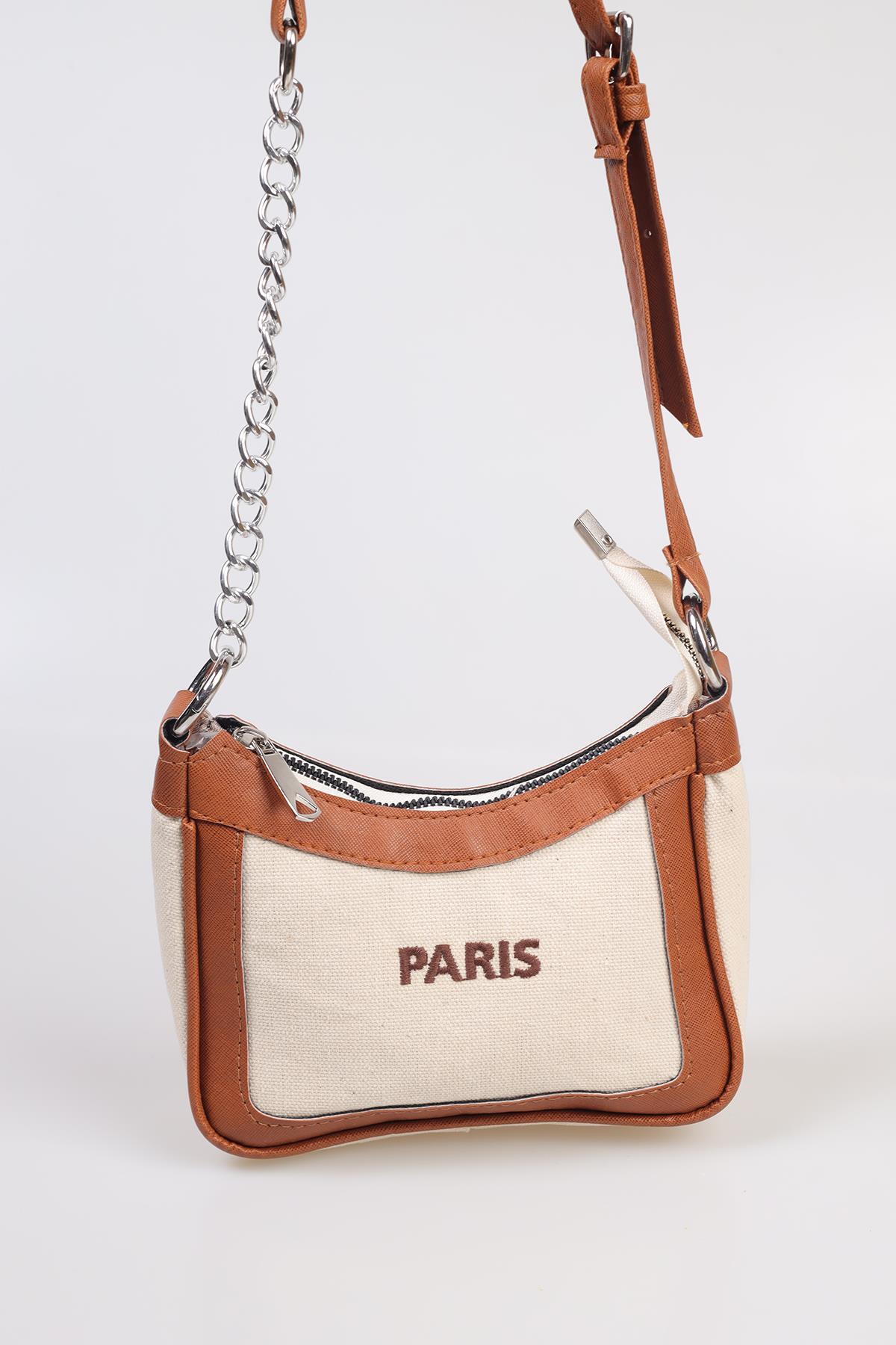 Krem Paris Baskılı Çanta 9102 