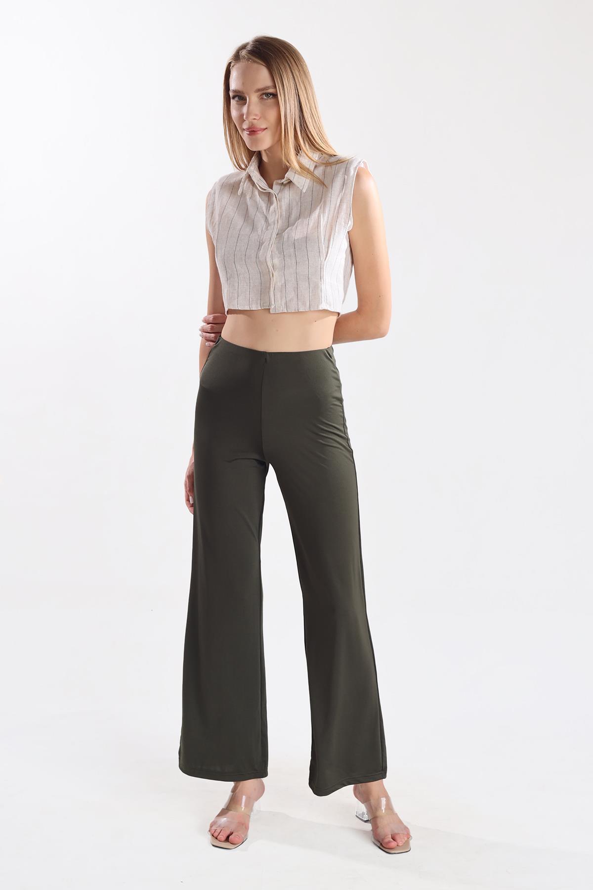 9138M Bel Lastikli Bol Paça Pantolon Haki 