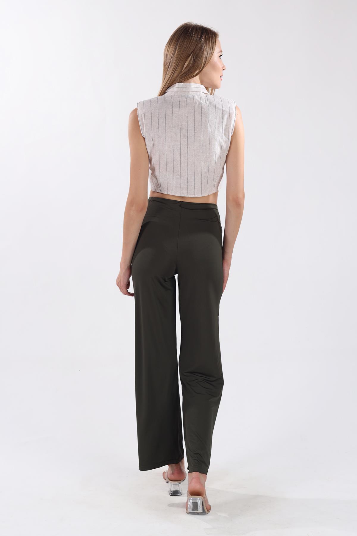 Haki Bel Lastikli Bol Paça Pantolon 9138M - 4