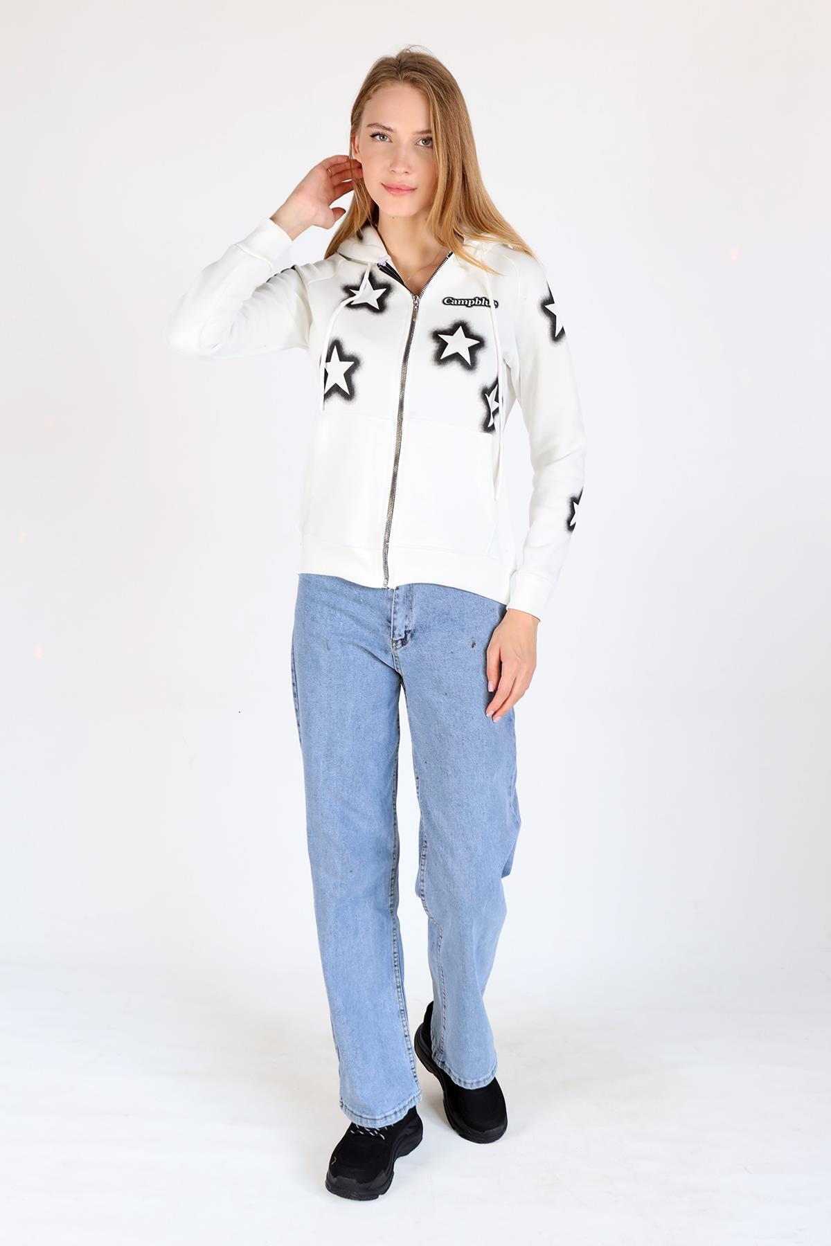 Ekru Yıldız Baskı Fermuarlı Sweat 9139M - 2