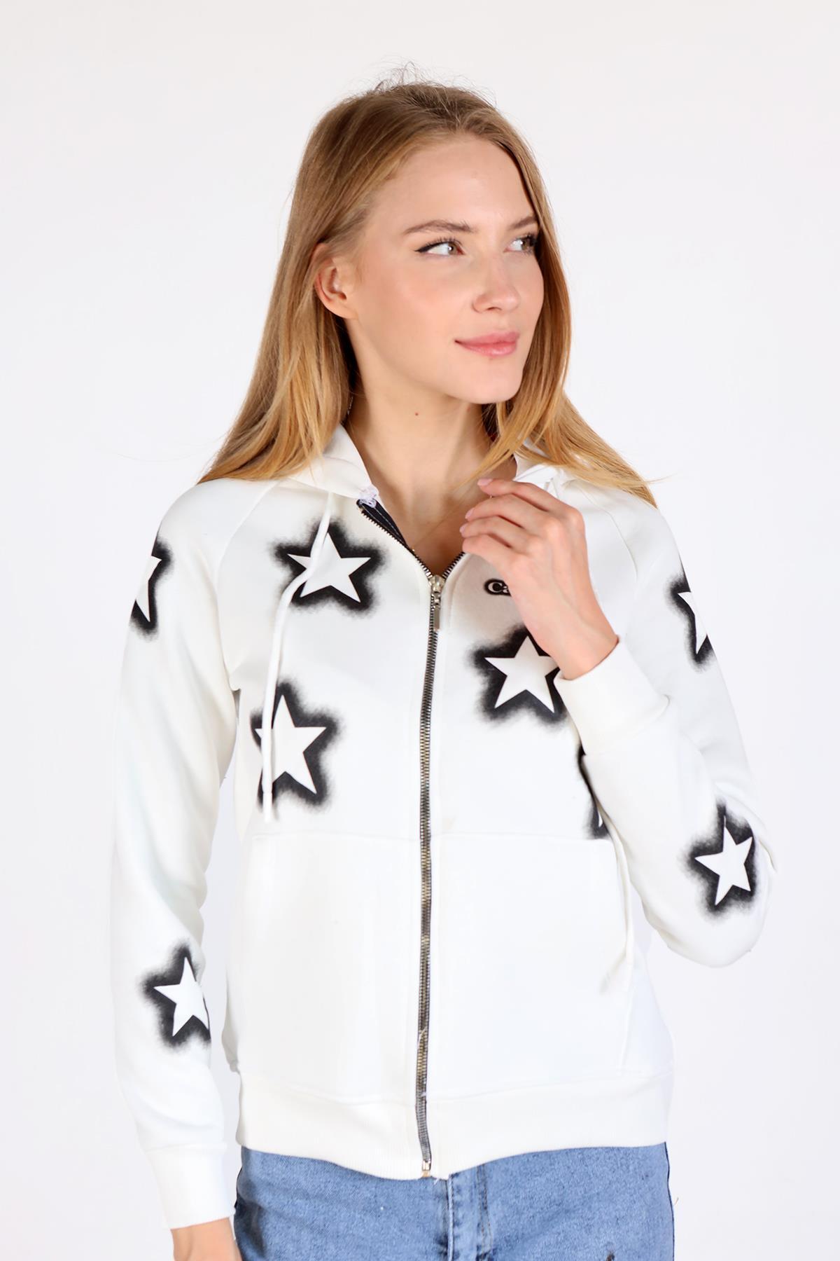 Ekru Yıldız Baskı Fermuarlı Sweat 9139M - 5
