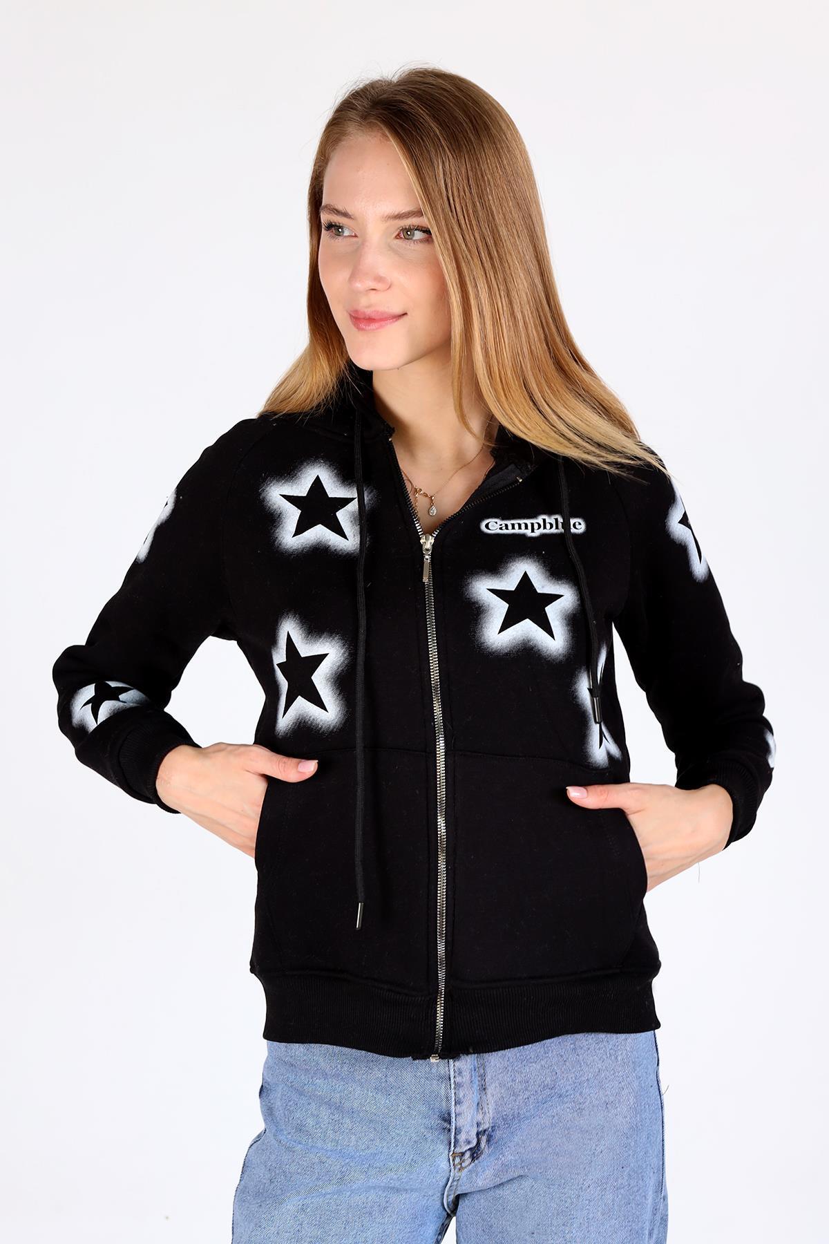 Siyah Yıldız Baskı Fermuarlı Sweat 9139M - 1