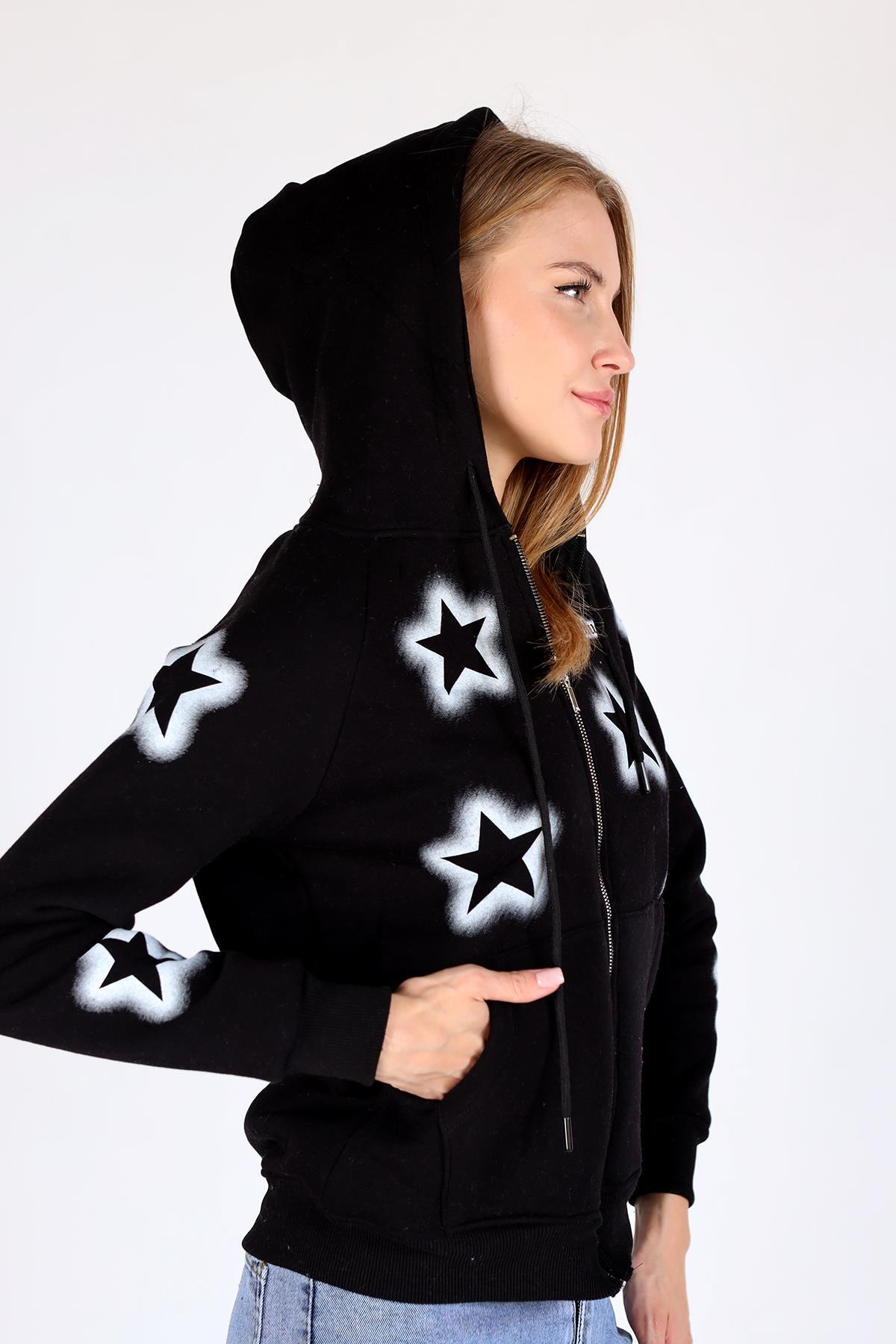 Siyah Yıldız Baskı Fermuarlı Sweat 9139M - 4