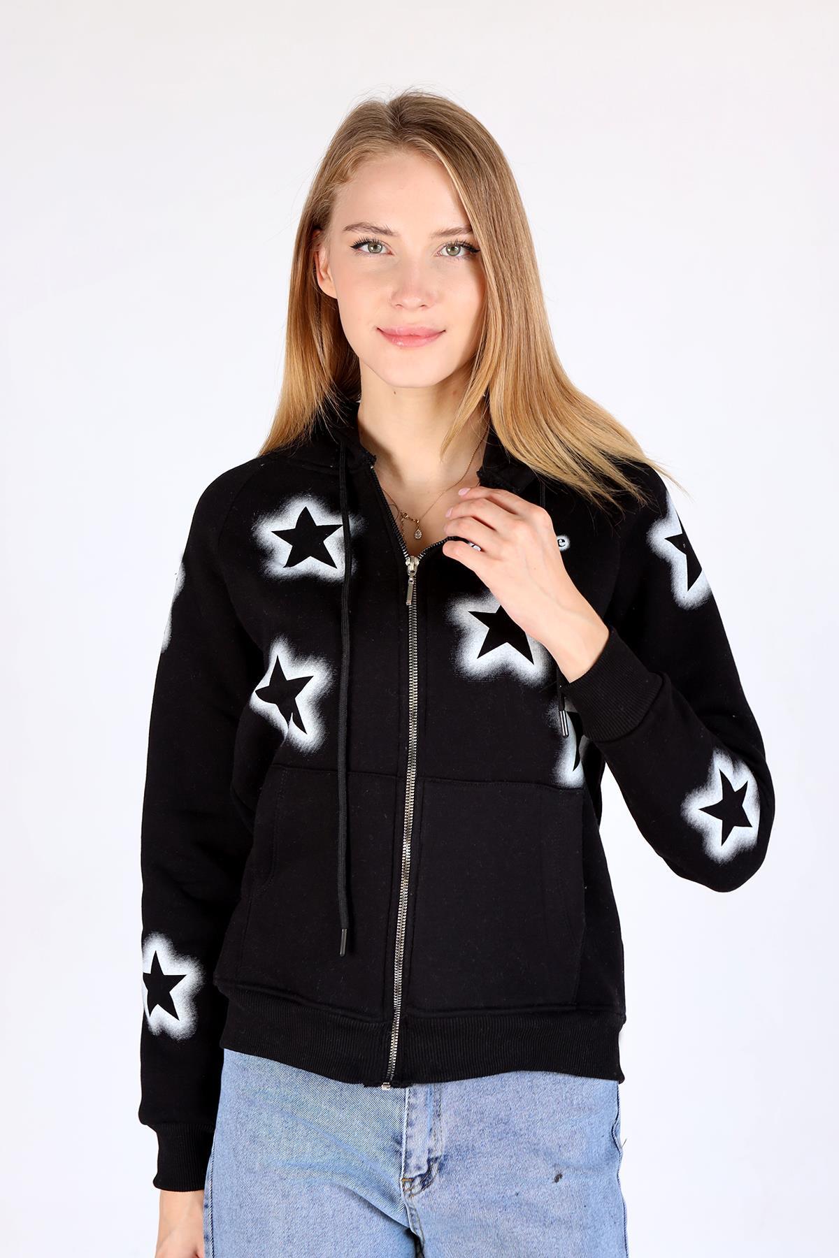 Siyah Yıldız Baskı Fermuarlı Sweat 9139M - 6