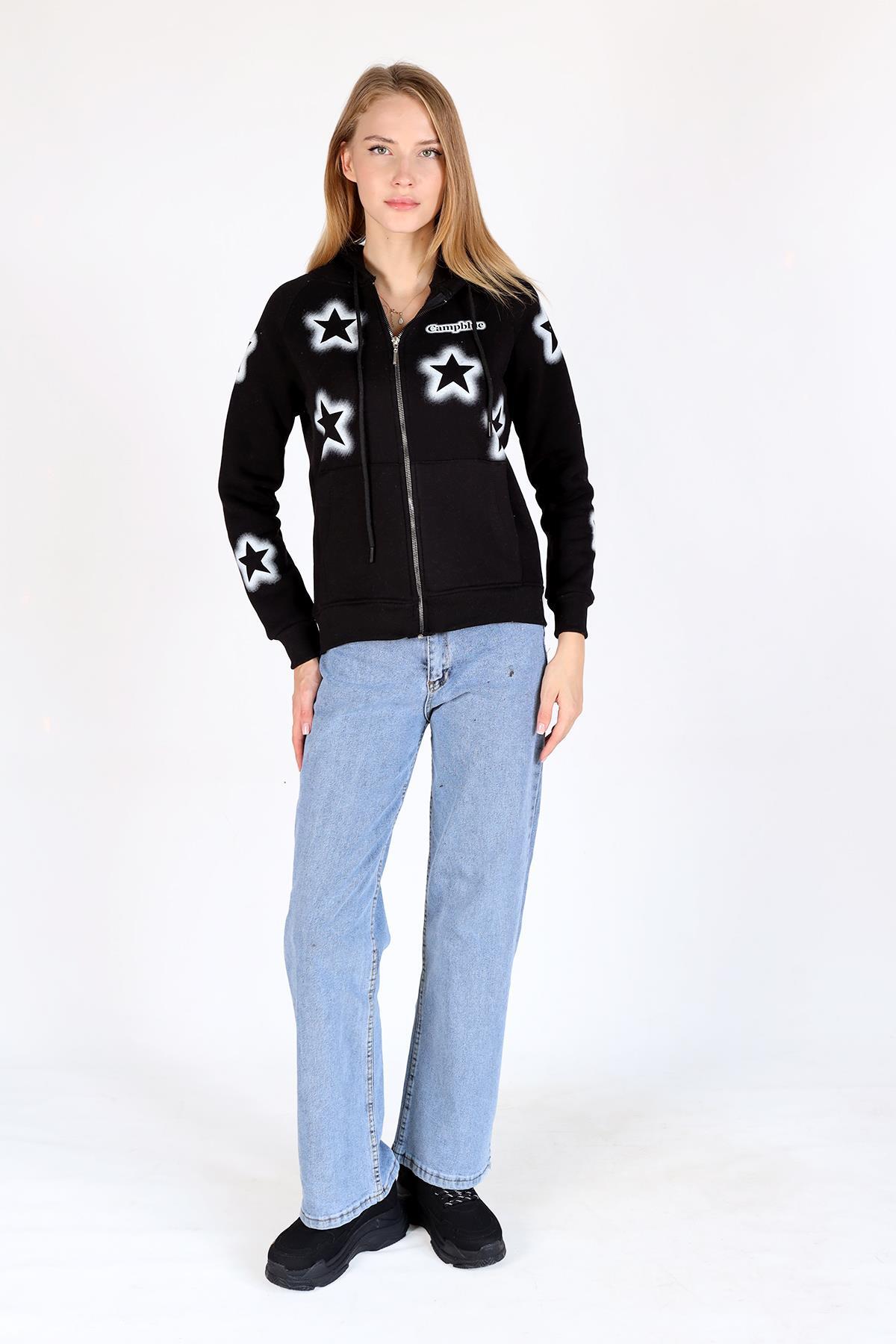 Siyah Yıldız Baskı Fermuarlı Sweat 9139M - 7