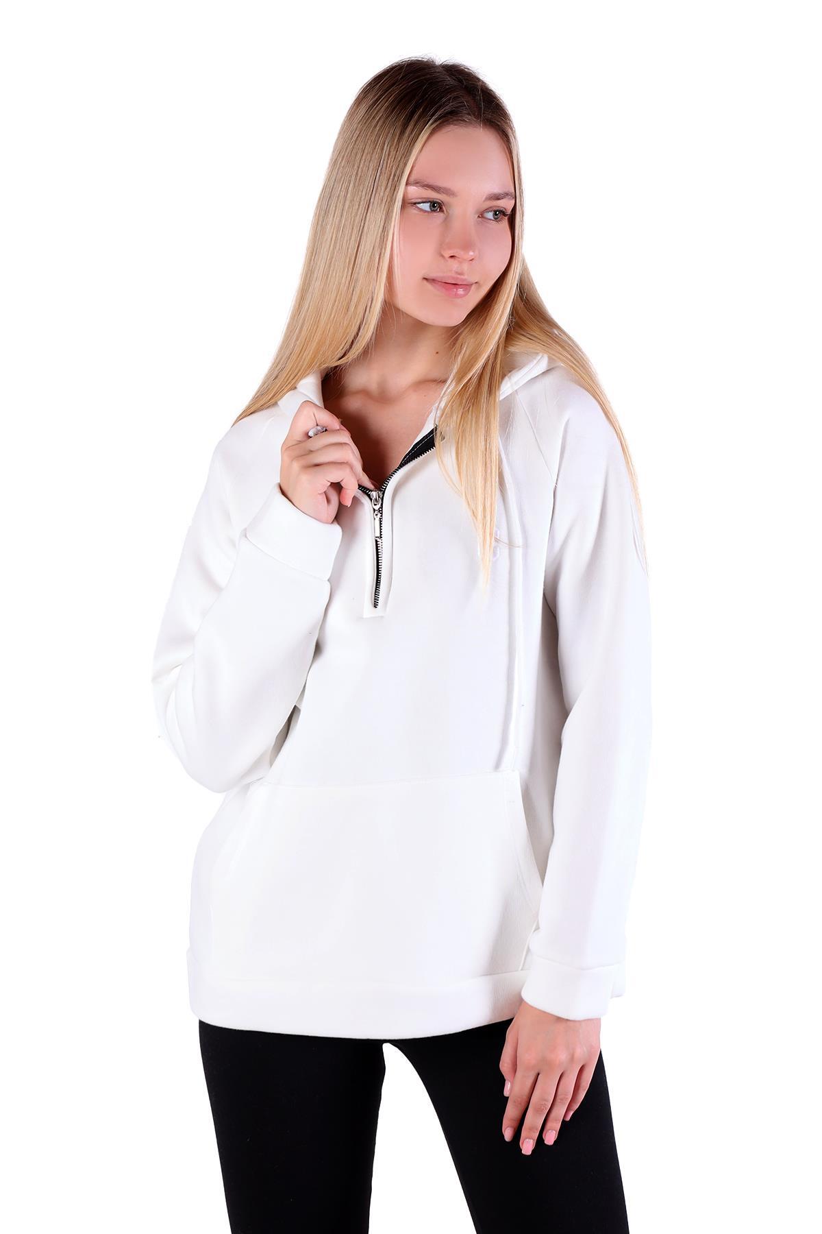 Ekru Yarım Fermuar Detay Cepli Sweat 9140M - 1