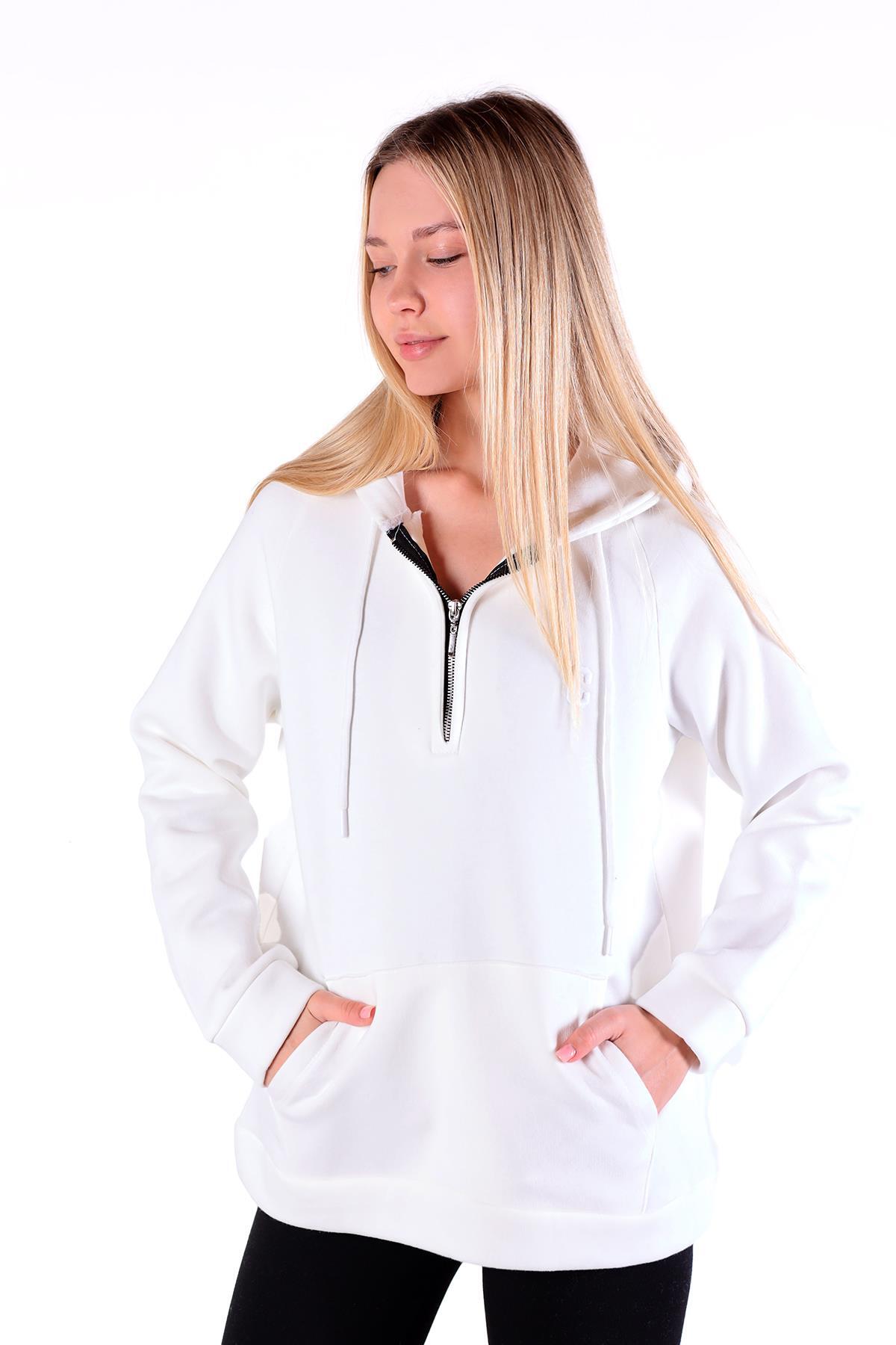 Ekru Yarım Fermuar Detay Cepli Sweat 9140M - 7