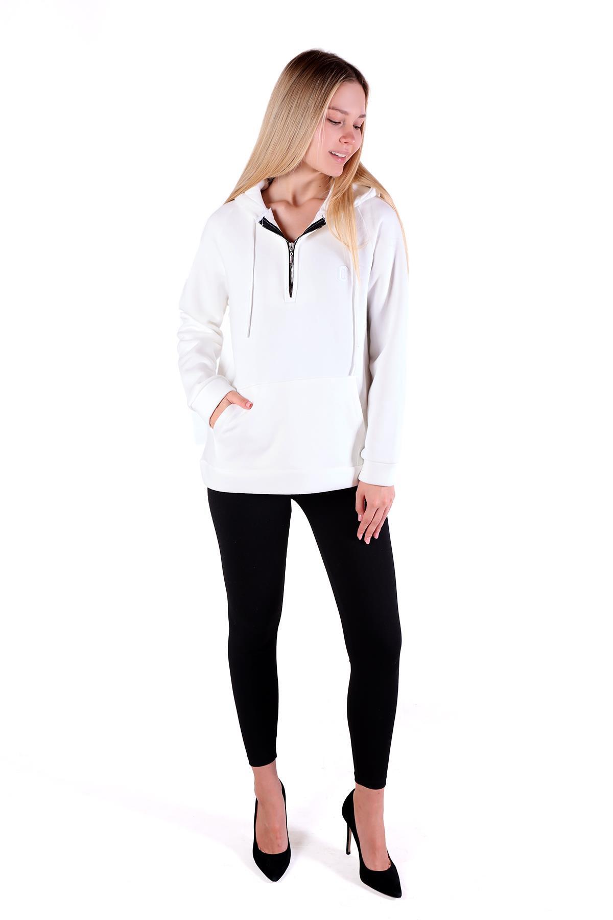 Ekru Yarım Fermuar Detay Cepli Sweat 9140M - 2