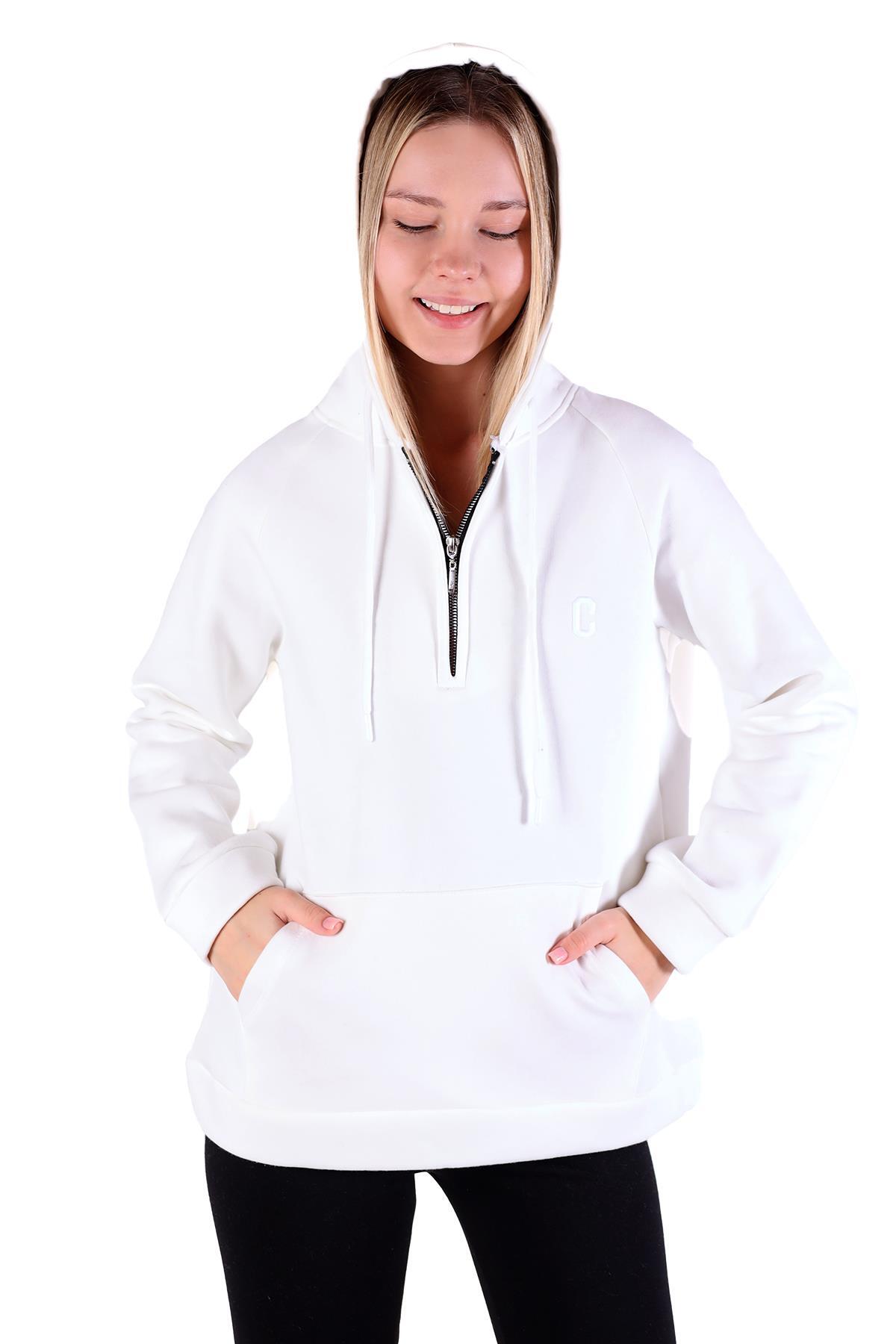 Ekru Yarım Fermuar Detay Cepli Sweat 9140M - 3