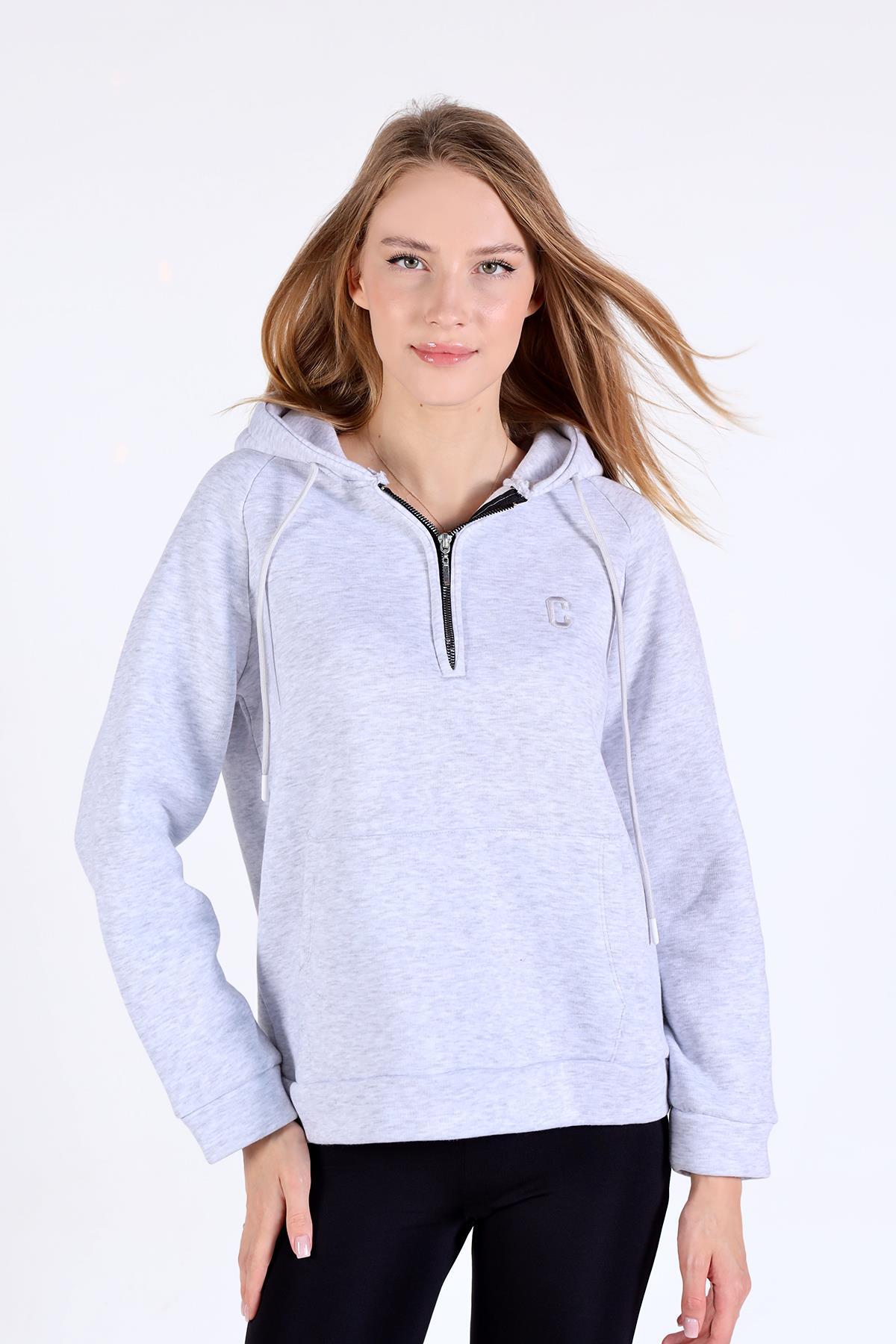 9140M Fermuar Detay Cepli Sweat Karmelanj 