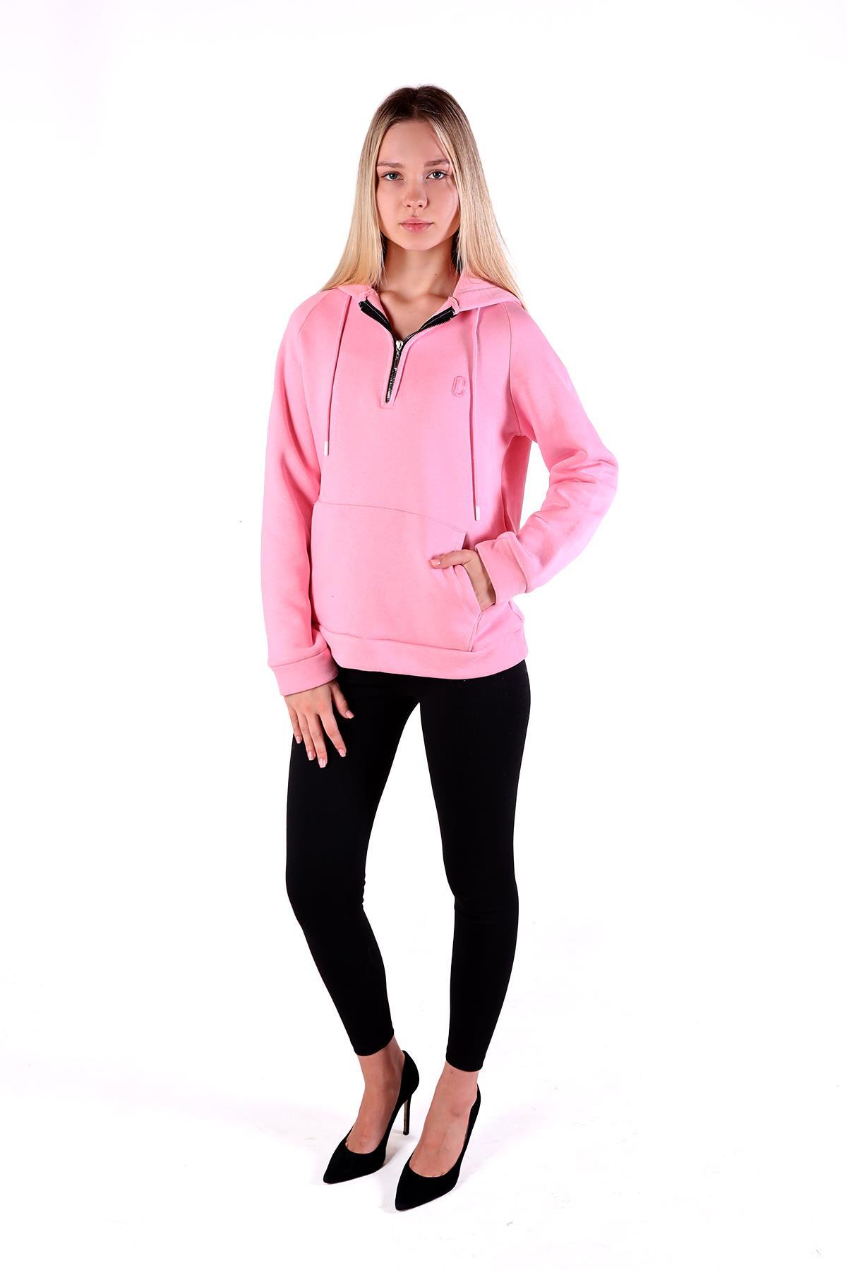 Pembe Yarım Fermuar Detay Cepli Sweat 9140M - 2