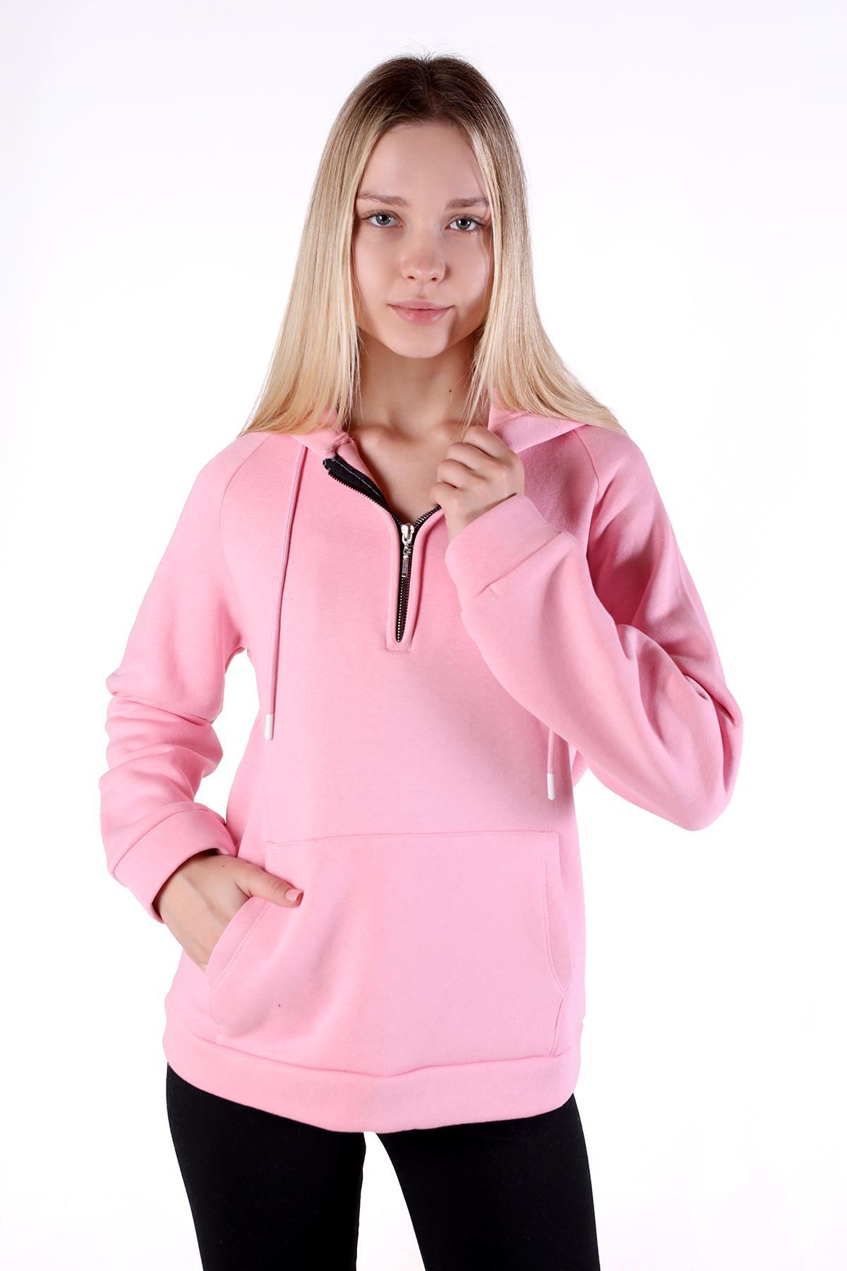Pembe Yarım Fermuar Detay Cepli Sweat 9140M - 3