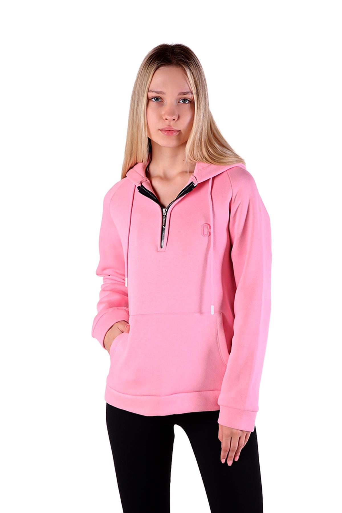 Pembe Yarım Fermuar Detay Cepli Sweat 9140M - 6