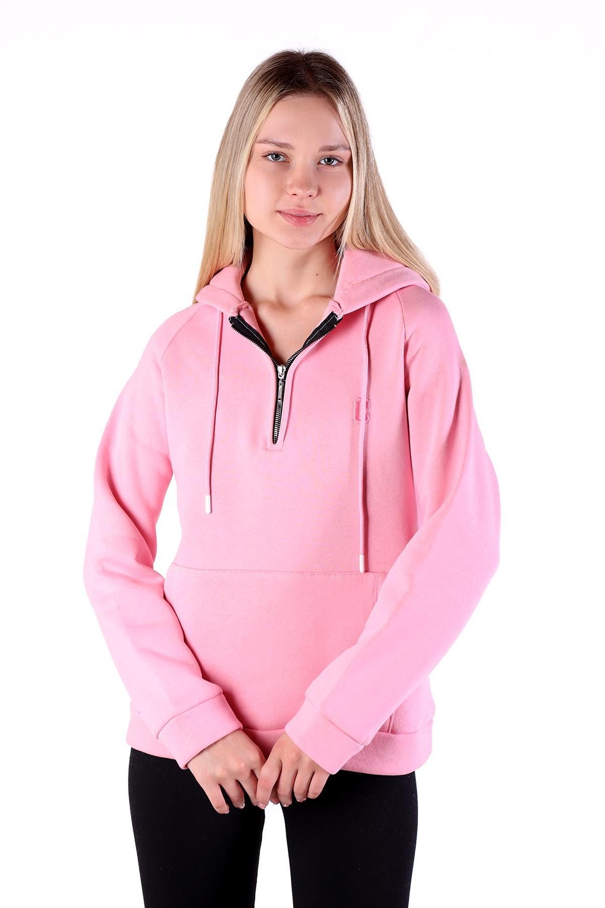 Pembe Yarım Fermuar Detay Cepli Sweat 9140M - 7