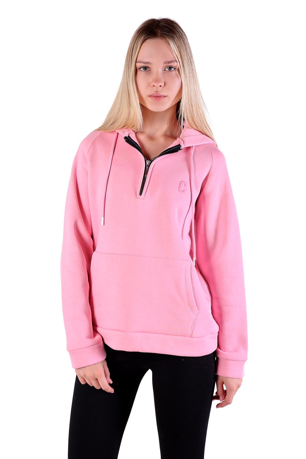Pembe Yarım Fermuar Detay Cepli Sweat 9140M - 1