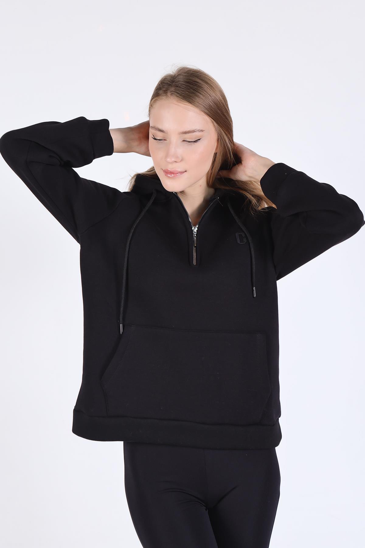 Siyah Yarım Fermuar Detay Cepli Sweat 9140M - 6