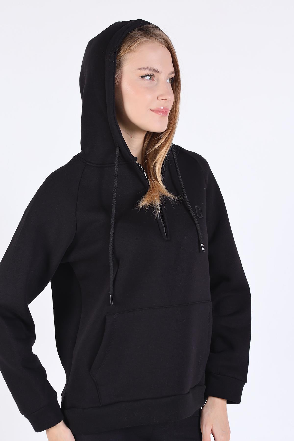 Siyah Yarım Fermuar Detay Cepli Sweat 9140M - 7