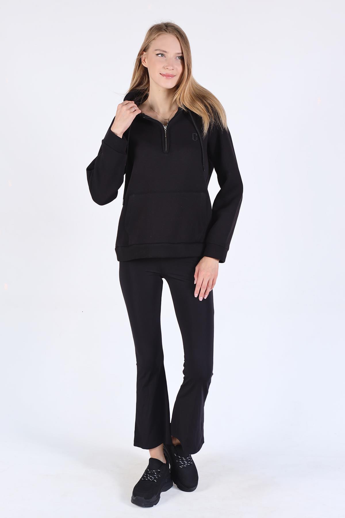 Siyah Yarım Fermuar Detay Cepli Sweat 9140M - 2