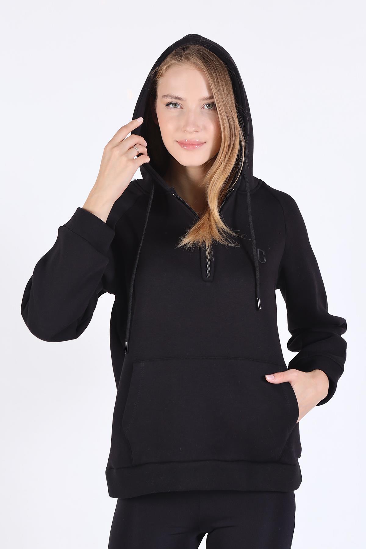 Siyah Yarım Fermuar Detay Cepli Sweat 9140M - 3