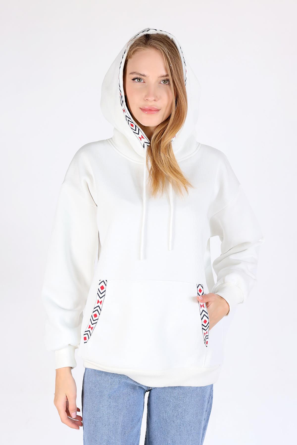 9141M Yaka Cep Baskı Kapüşonlu Sweat Ekru - 3