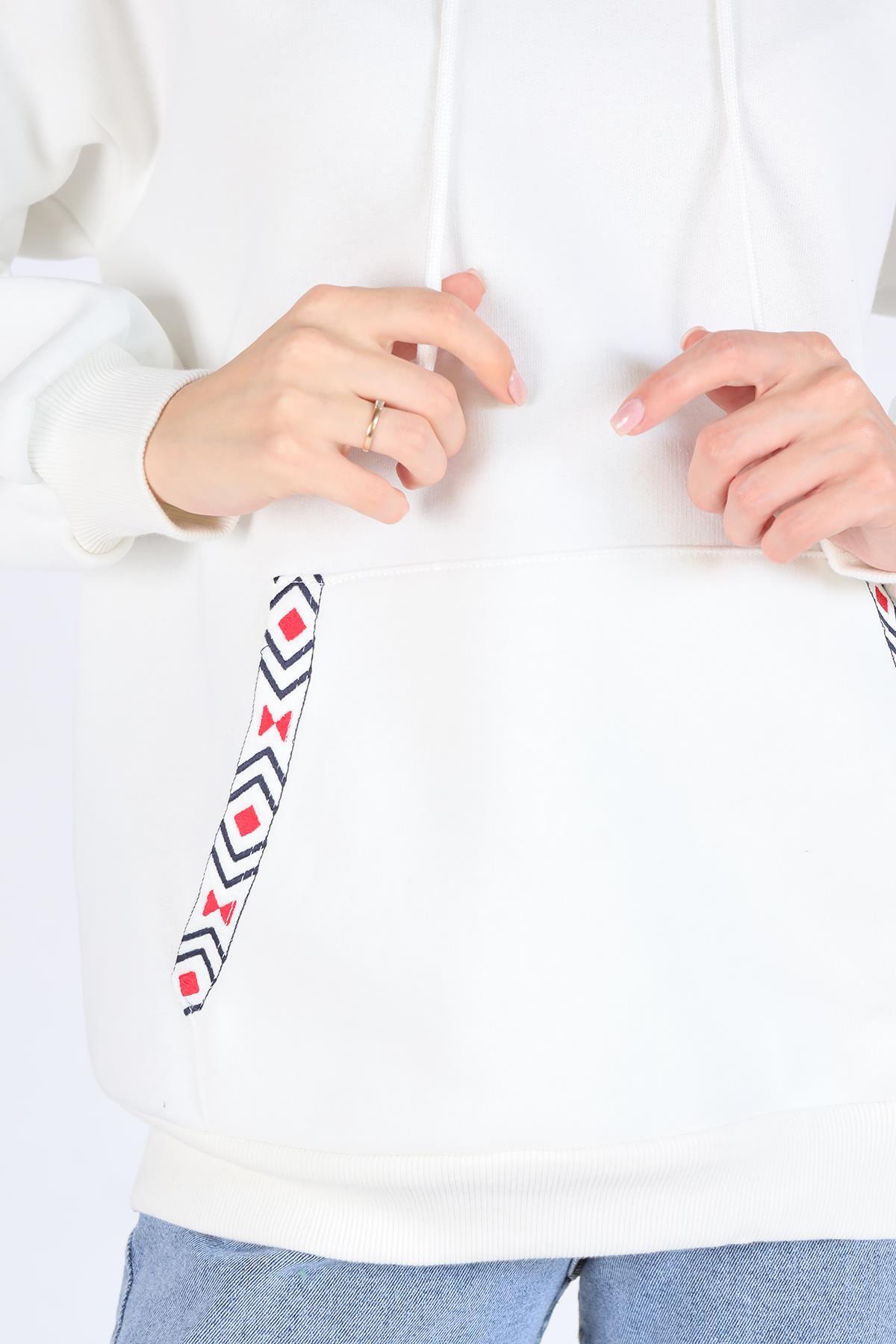 9141M Yaka Cep Baskı Kapüşonlu Sweat Ekru - 4