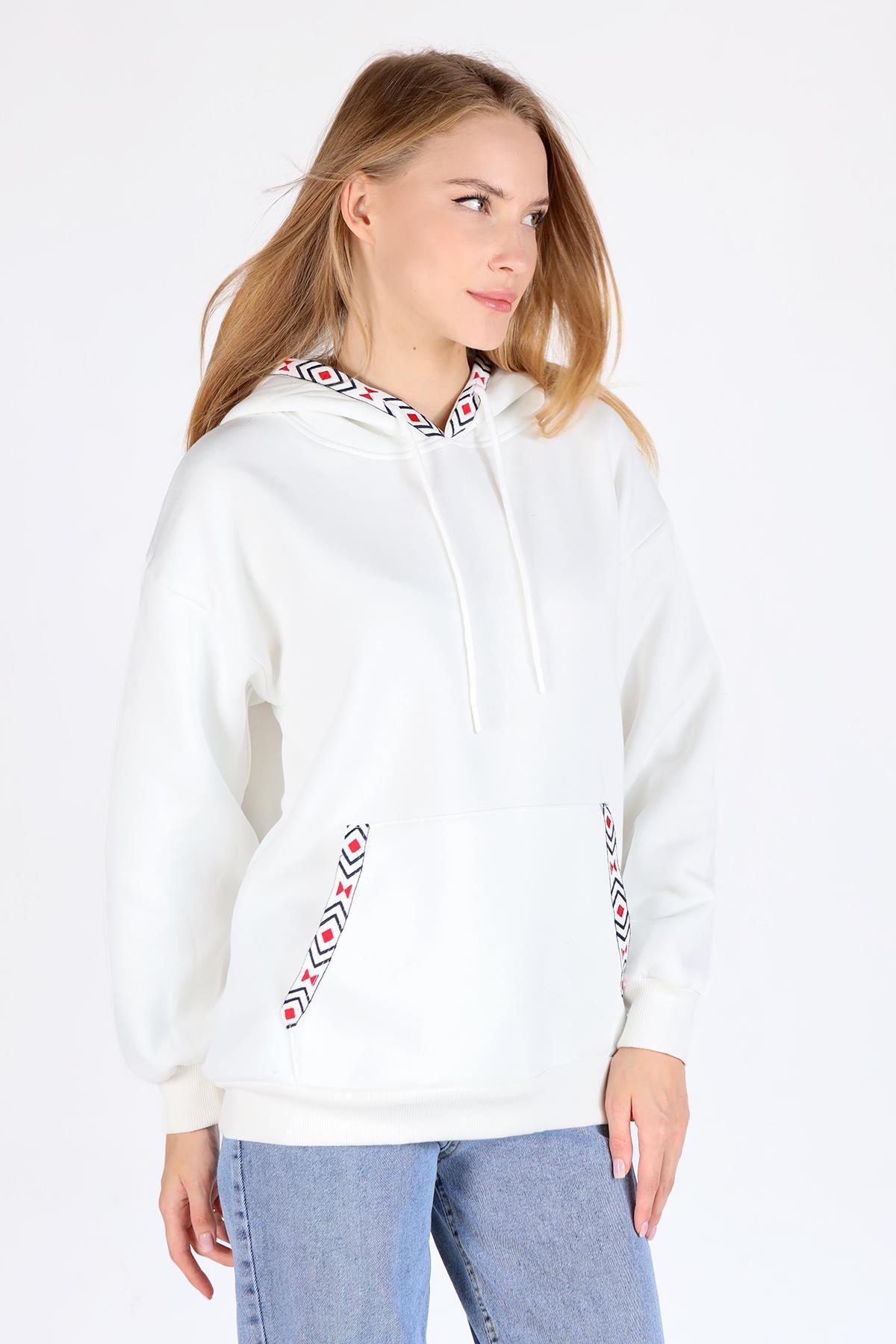 9141M Yaka Cep Baskı Kapüşonlu Sweat Ekru - 6