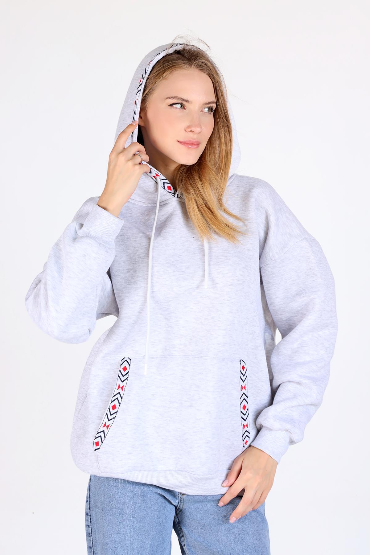9141M Yaka Cep Baskı Kapüşonlu Sweat Karmelanj - 3