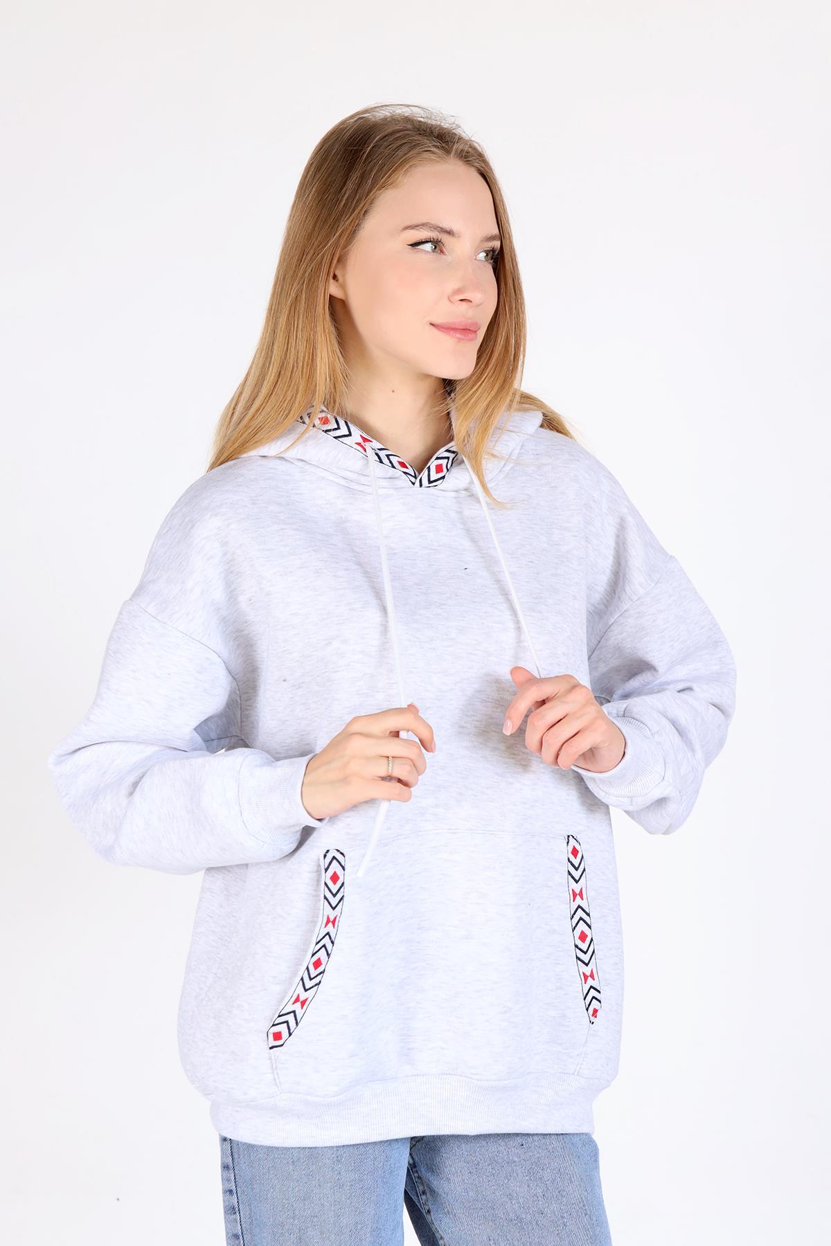 9141M Yaka Cep Baskı Kapüşonlu Sweat Karmelanj - RAYS