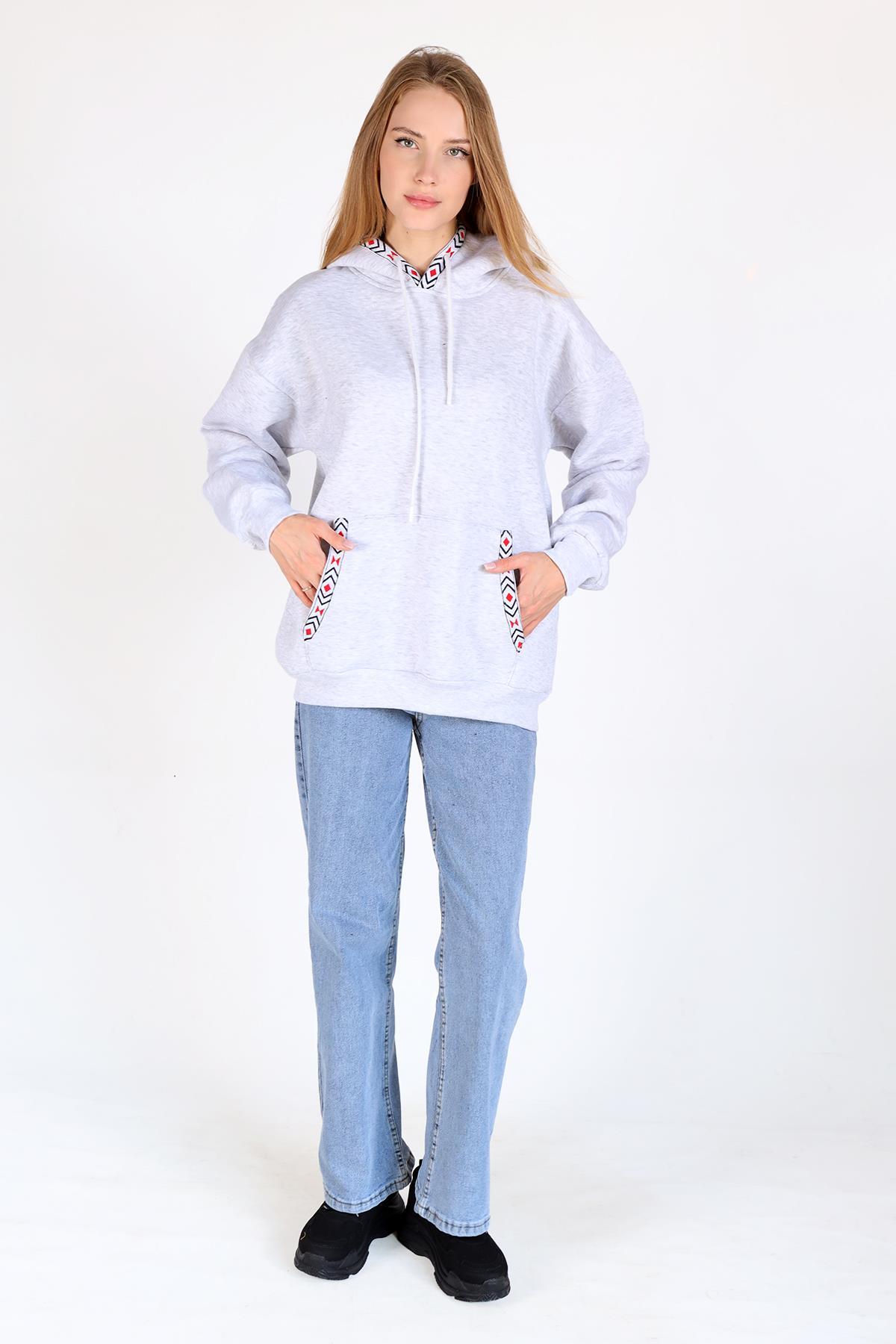 9141M Yaka Cep Baskı Kapüşonlu Sweat Karmelanj - 6