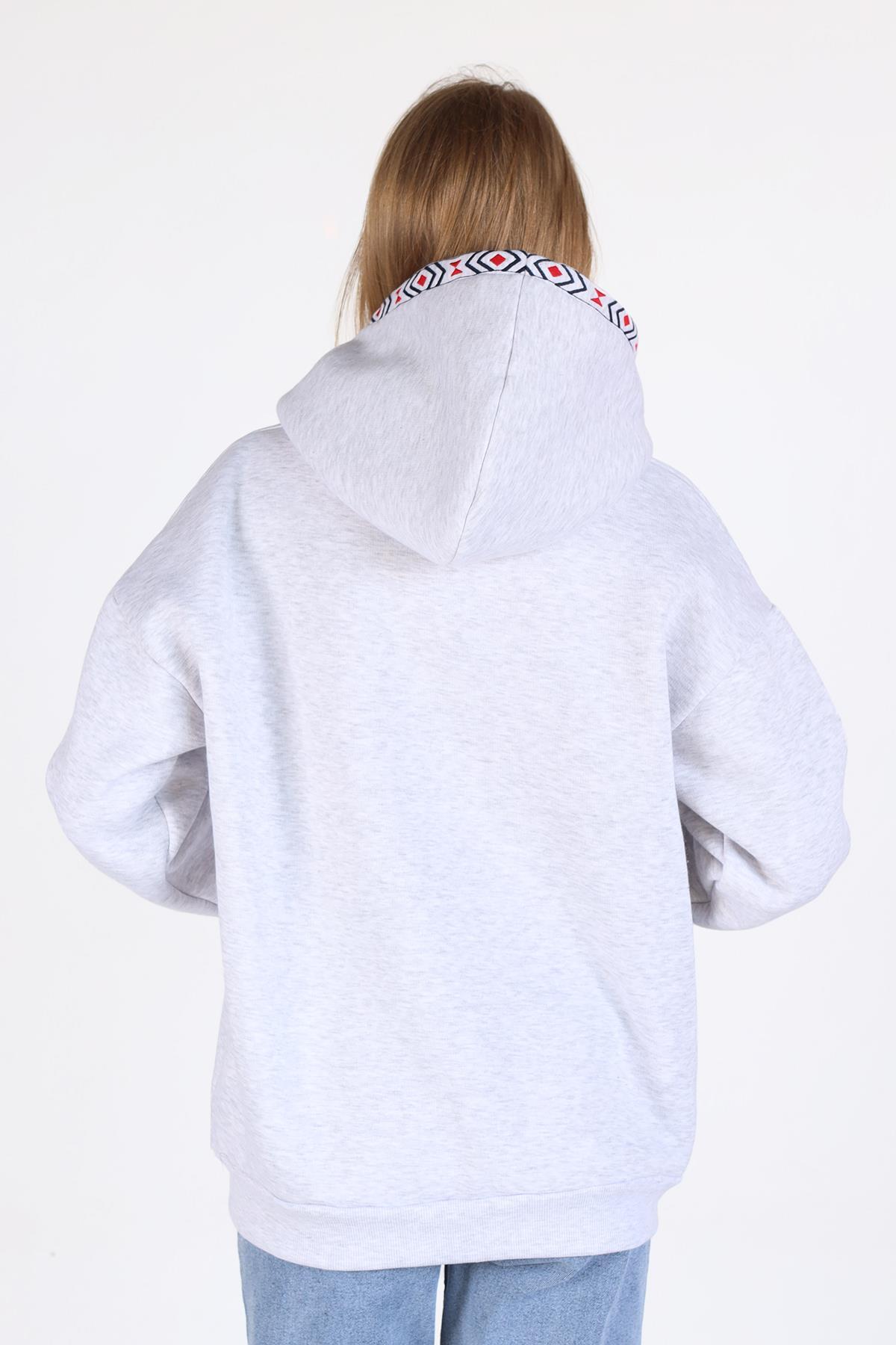 Karmelanj Yaka Cep Nakışlı Kapüşonlu Sweat 9141M - 5