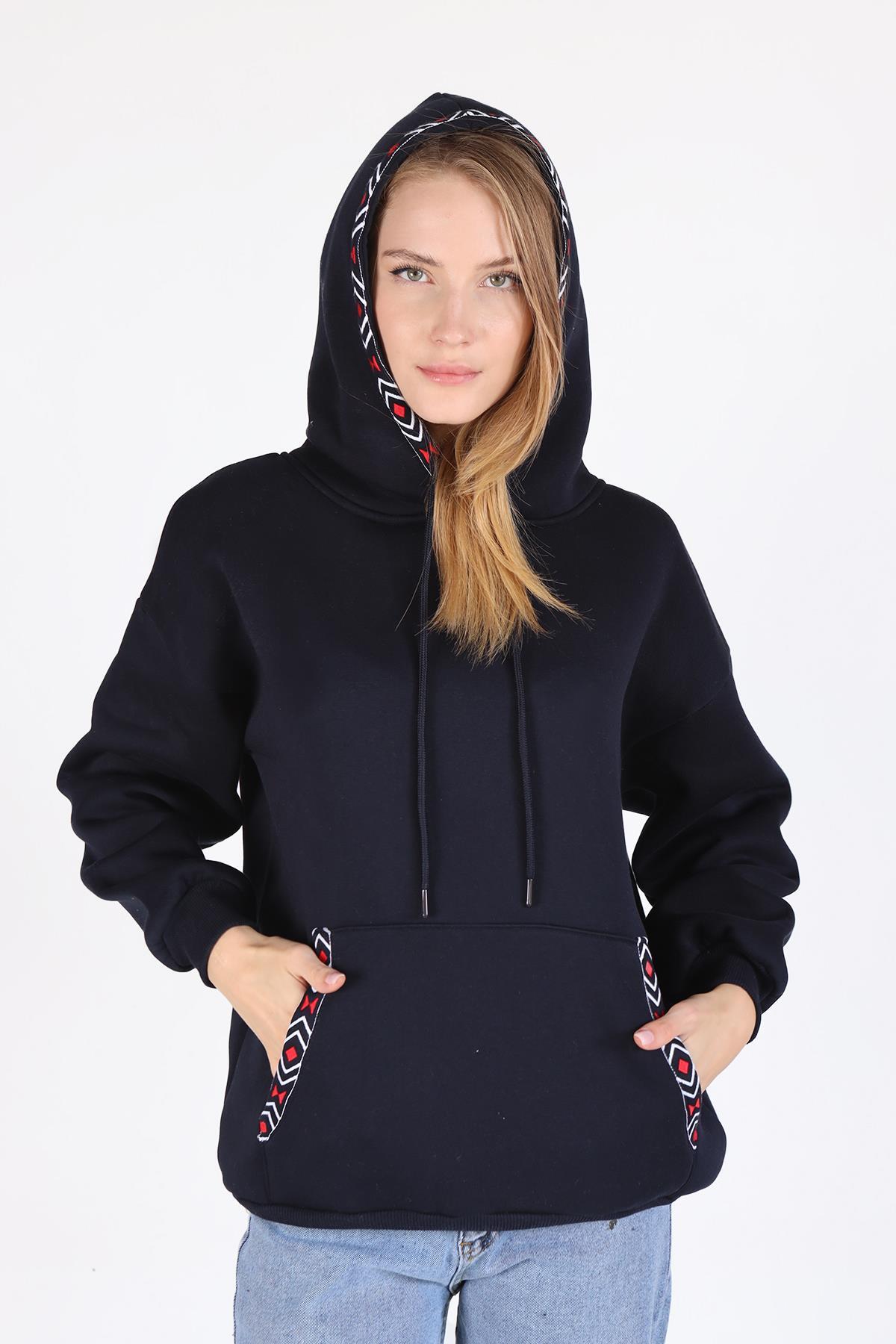 9141M Yaka Cep Baskı Kapüşonlu Sweat Laci - 3