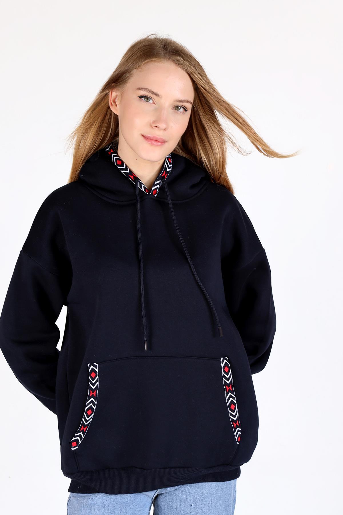 9141M Yaka Cep Baskı Kapüşonlu Sweat Laci - 6