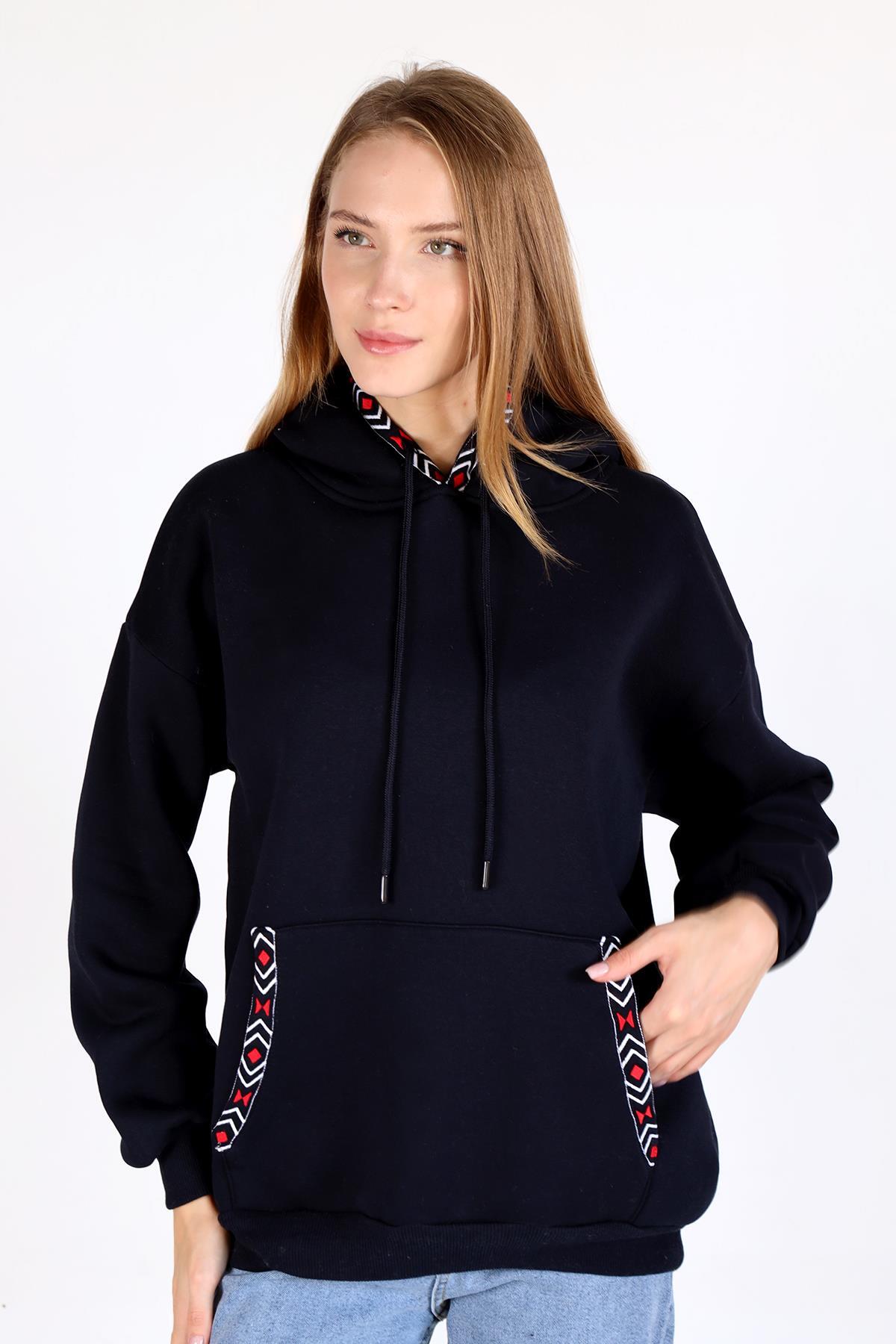 Laci Yaka Cep Nakışlı Kapüşonlu Sweat 9141M - 1