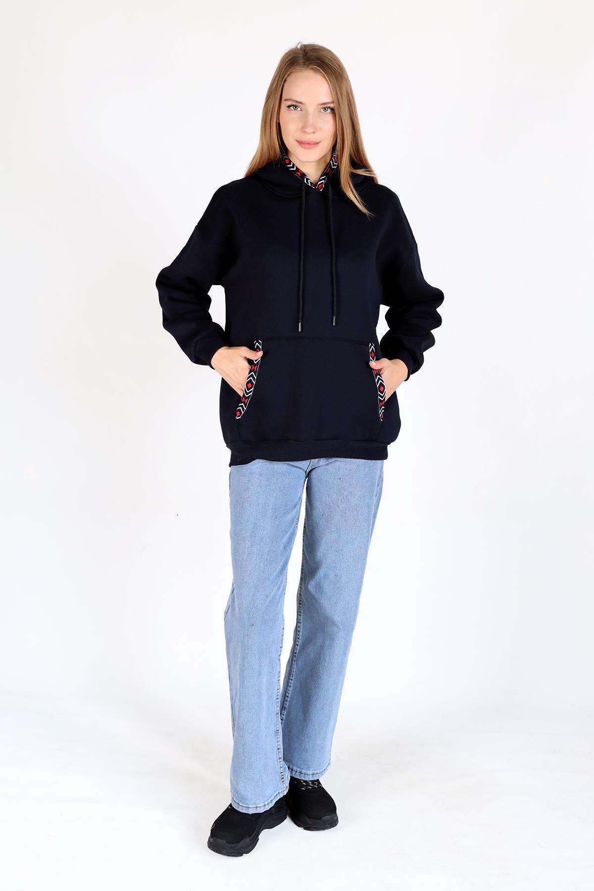 Laci Yaka Cep Nakışlı Kapüşonlu Sweat 9141M - 2