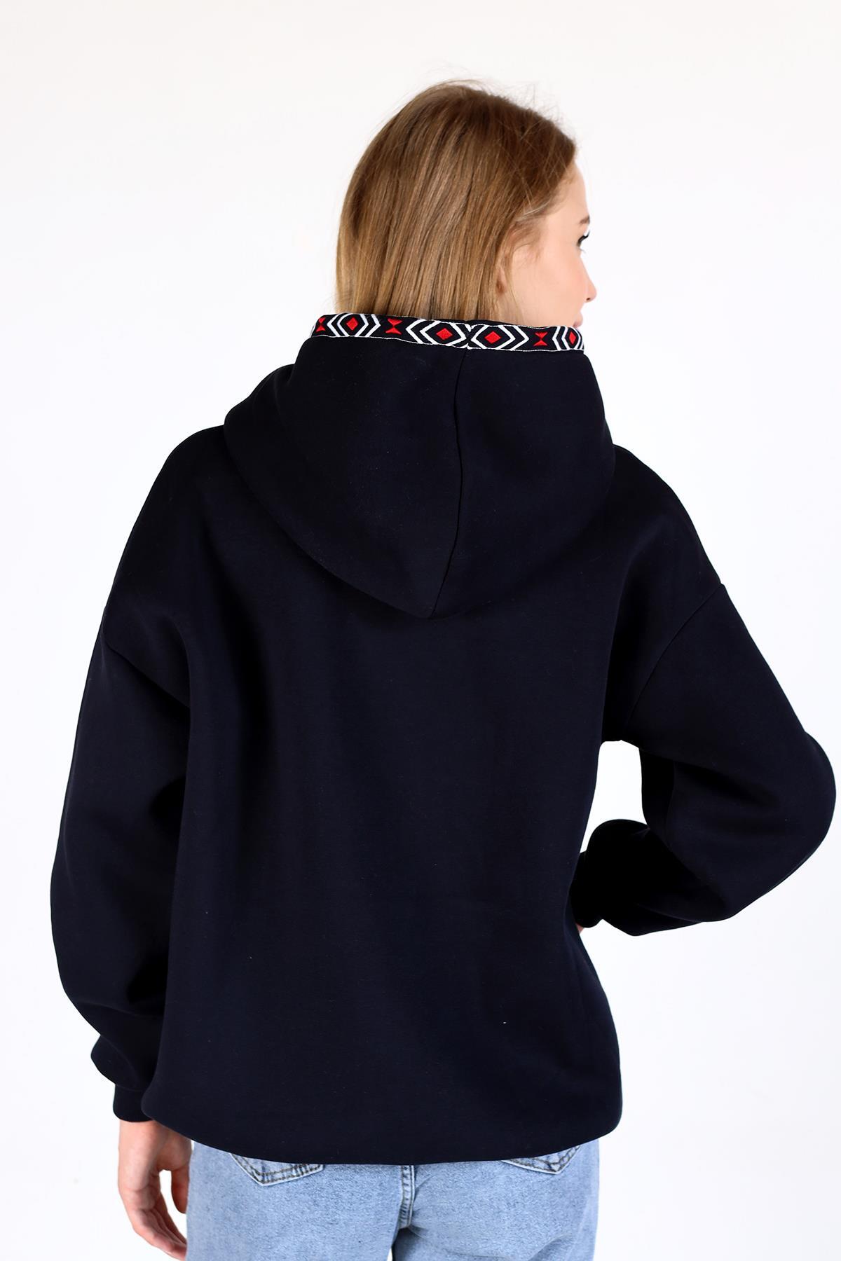 Laci Yaka Cep Nakışlı Kapüşonlu Sweat 9141M - 5