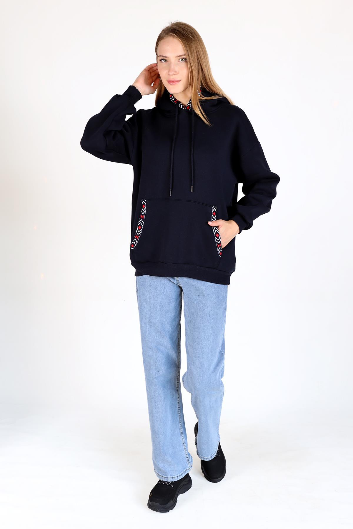 Laci Yaka Cep Nakışlı Kapüşonlu Sweat 9141M - 7