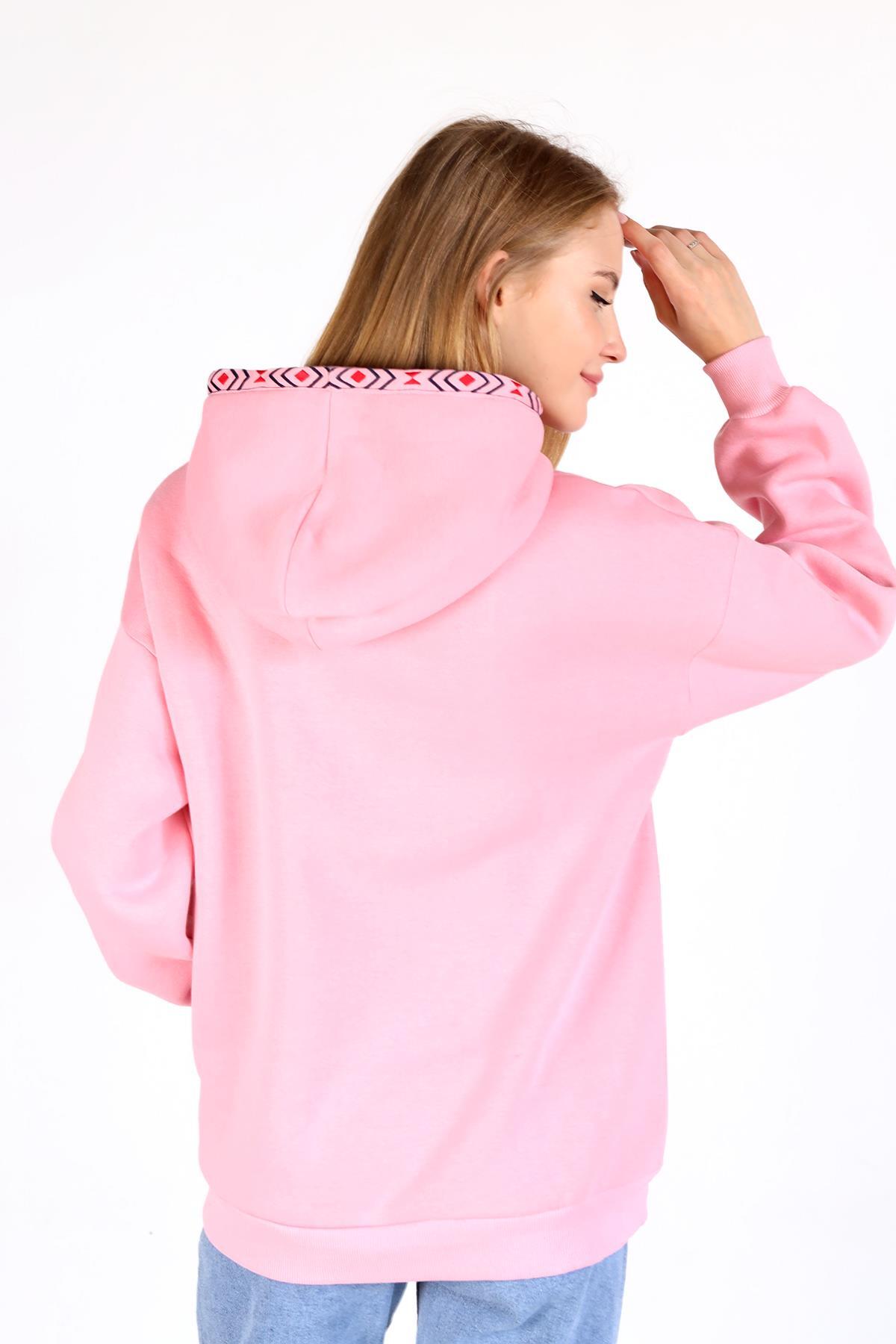 9141M Yaka Cep Baskı Kapüşonlu Sweat Pembe - 8