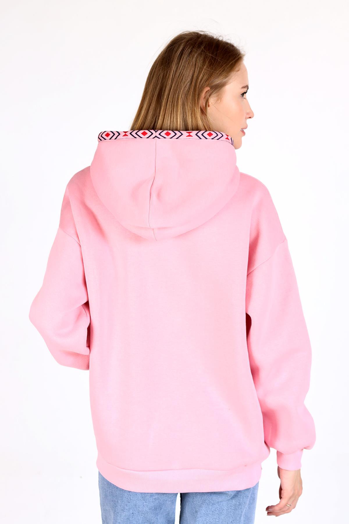 9141M Yaka Cep Baskı Kapüşonlu Sweat Pembe - 5
