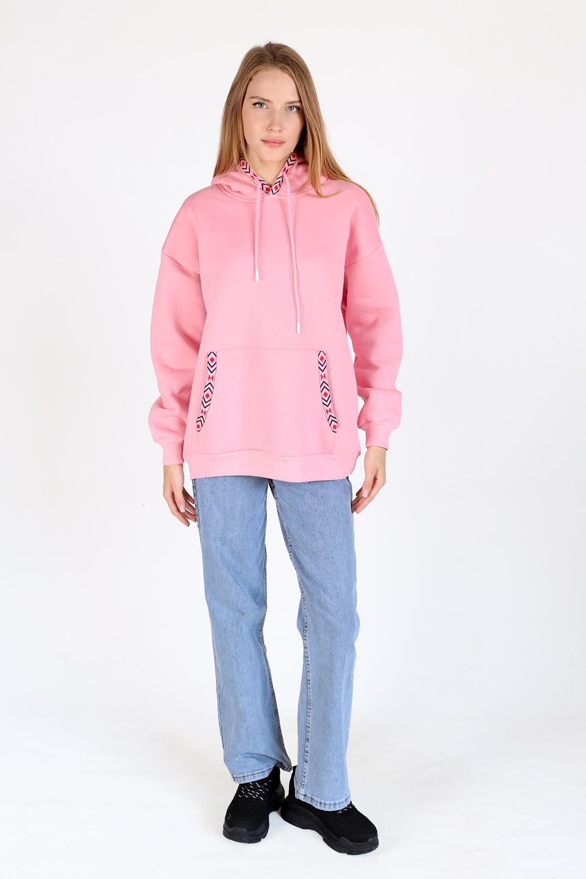 9141M Yaka Cep Baskı Kapüşonlu Sweat Pembe - 6