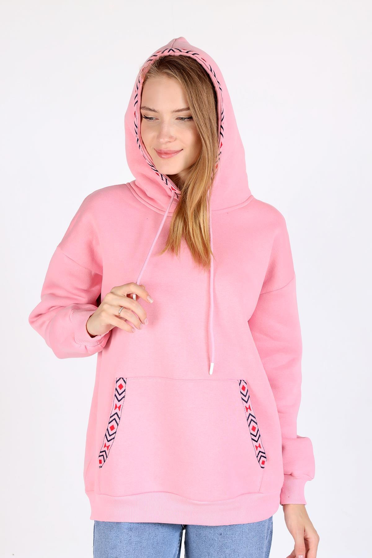 9141M Yaka Cep Baskı Kapüşonlu Sweat Pembe - 7