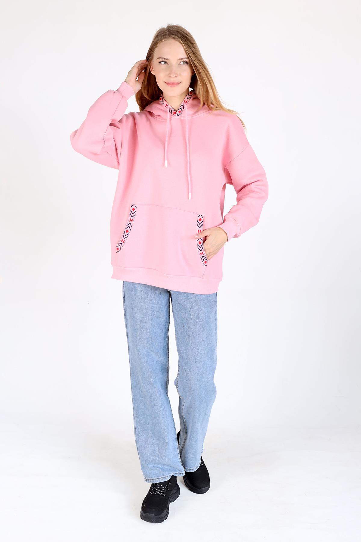 Pembe Yaka Cep Nakışlı Kapüşonlu Sweat 9141M - 2