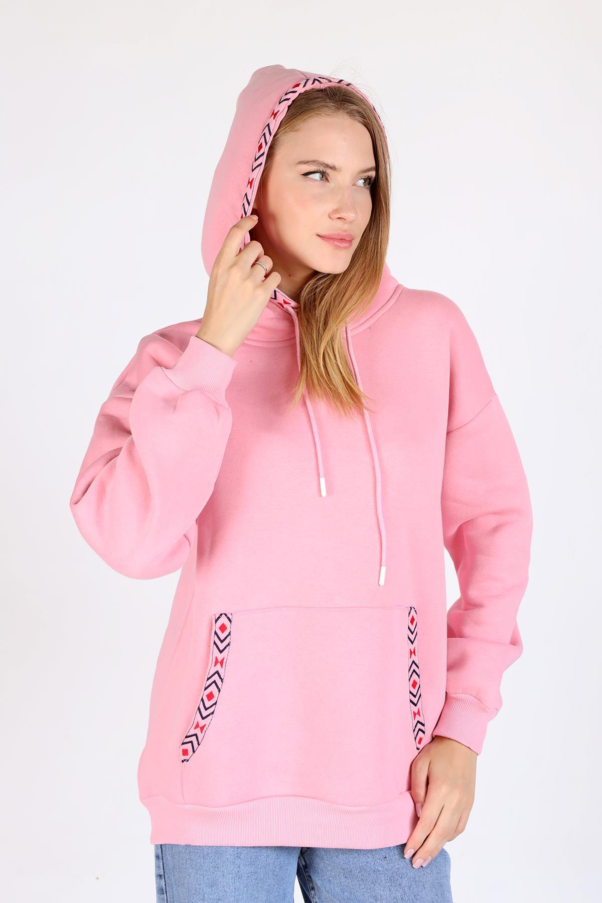 Pembe Yaka Cep Nakışlı Kapüşonlu Sweat 9141M - 3