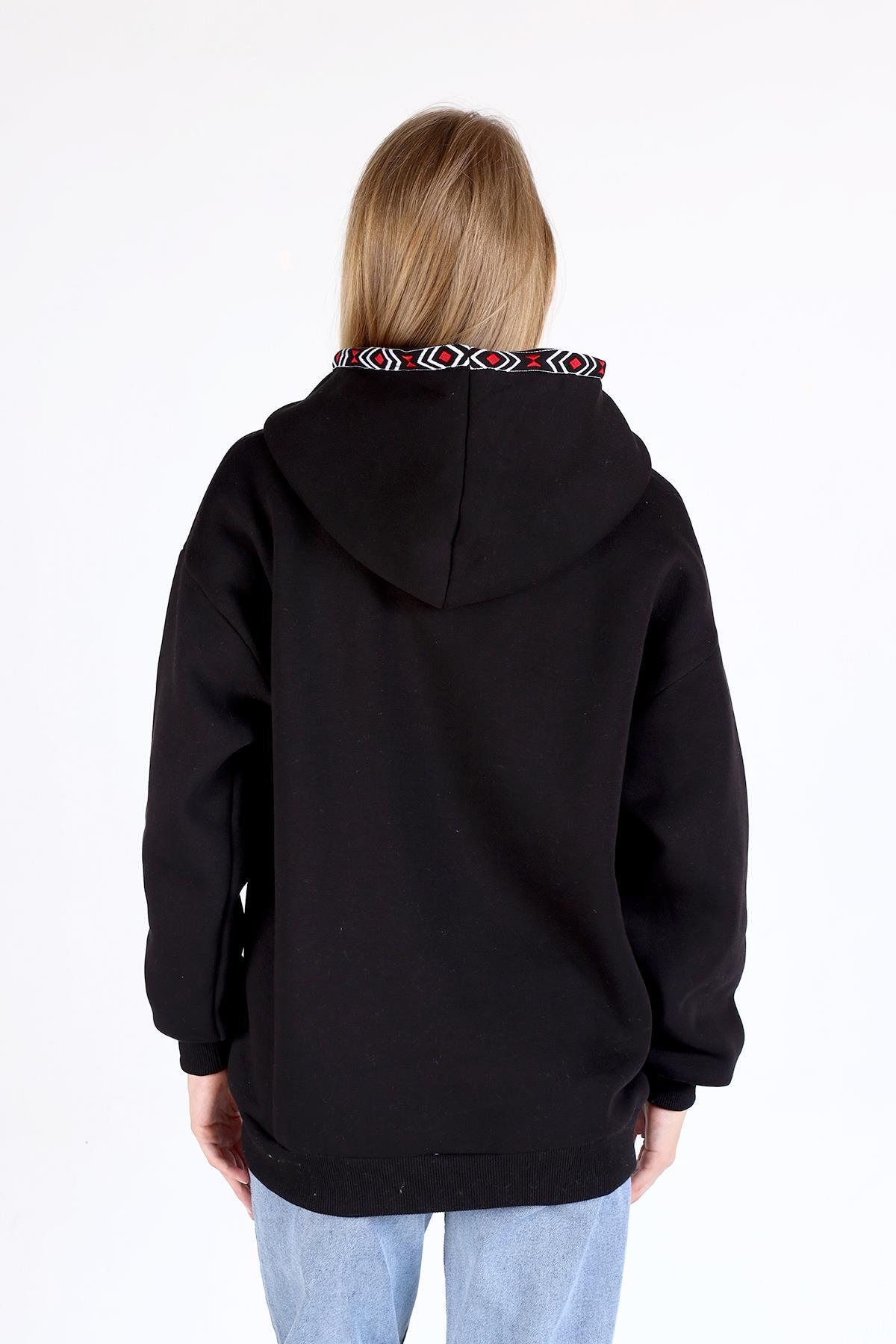 9141M Yaka Cep Baskı Kapüşonlu Sweat Siyah - 5