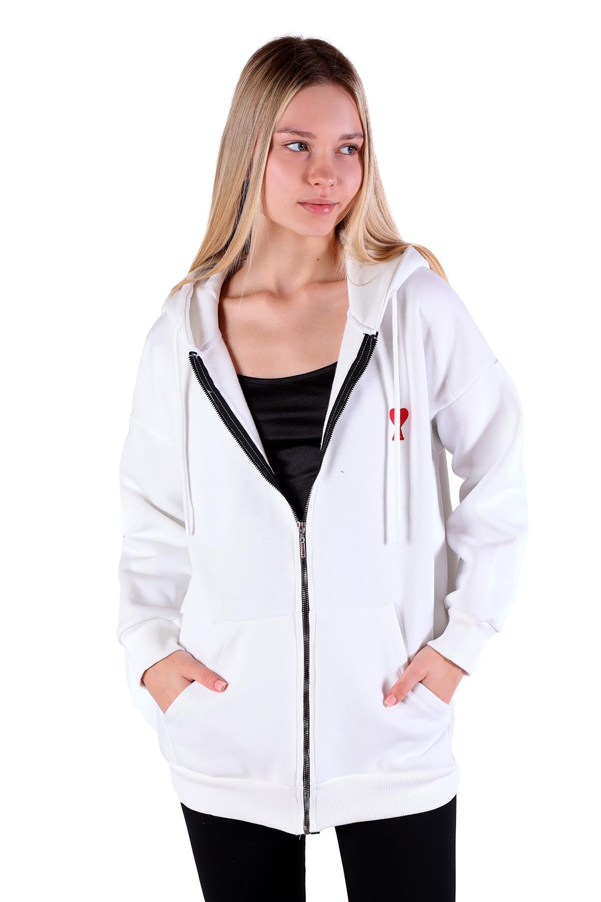 9142M Kalp Nakış Detay Fermuarlı Sweat Ekru - 6